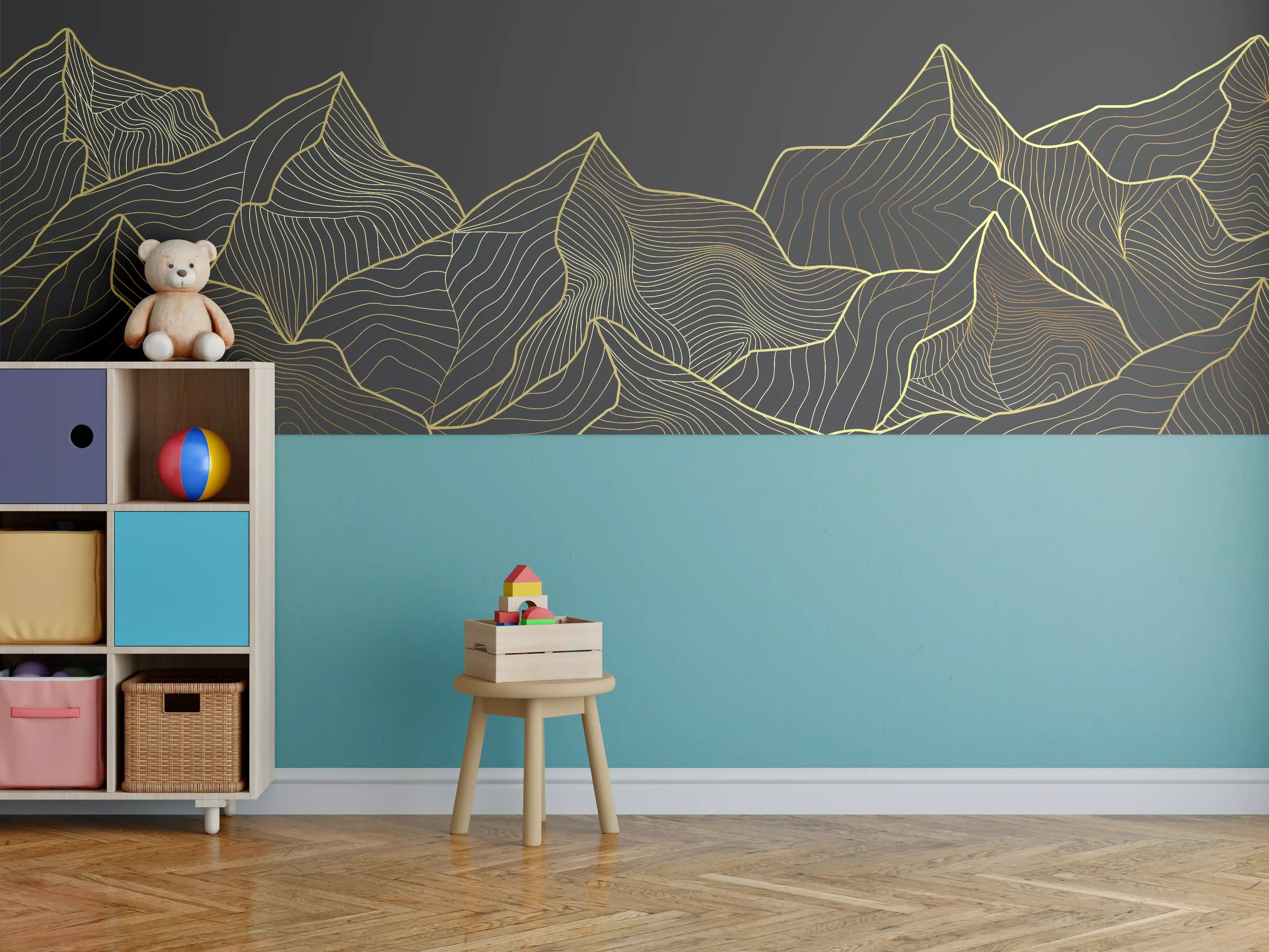 Kinderzimmer Wandgestaltung - Goldene Berglinien auf Schwarz