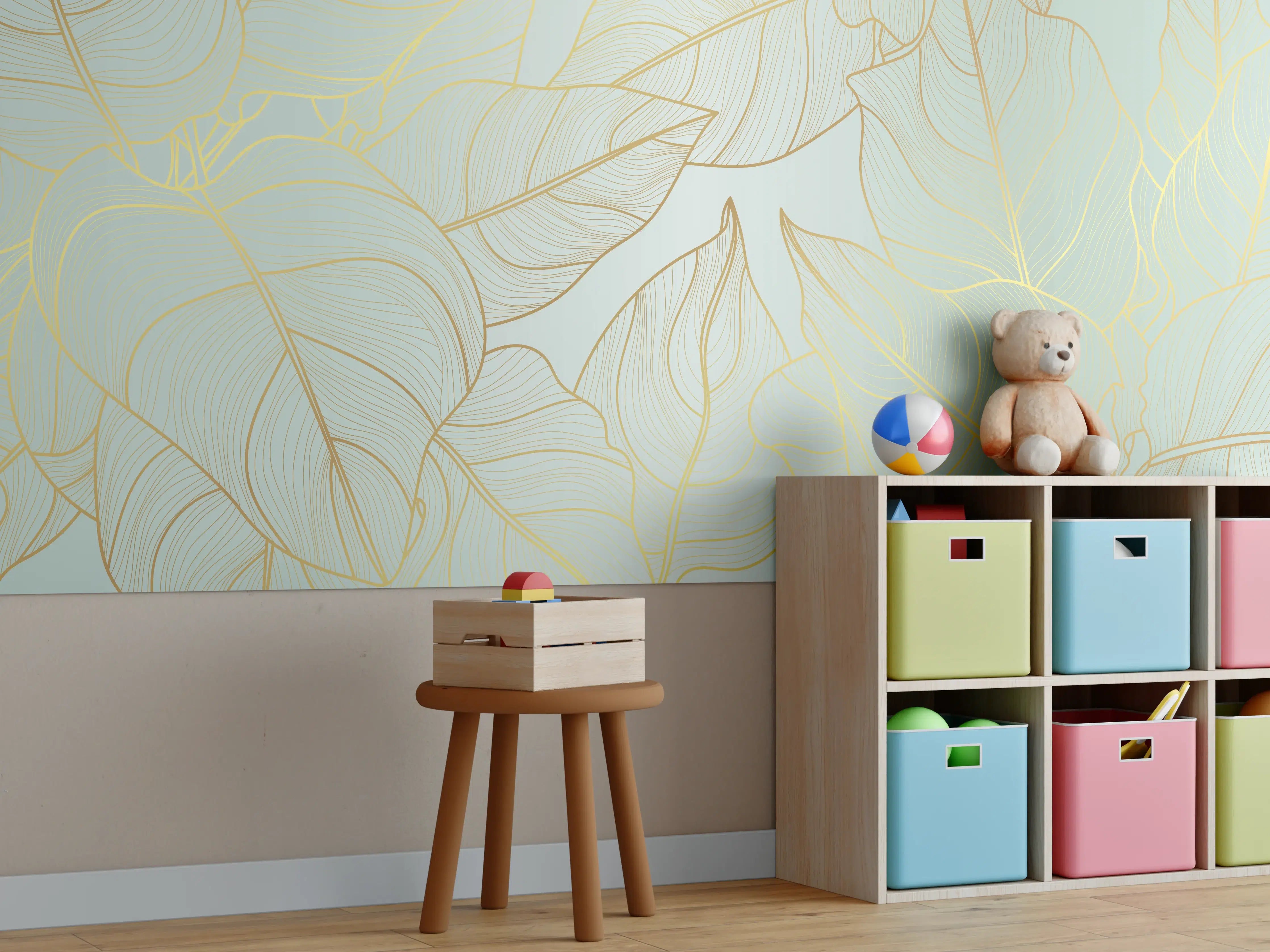 Kinderzimmer Wandgestaltung - Goldene Blätter auf Hellgelb