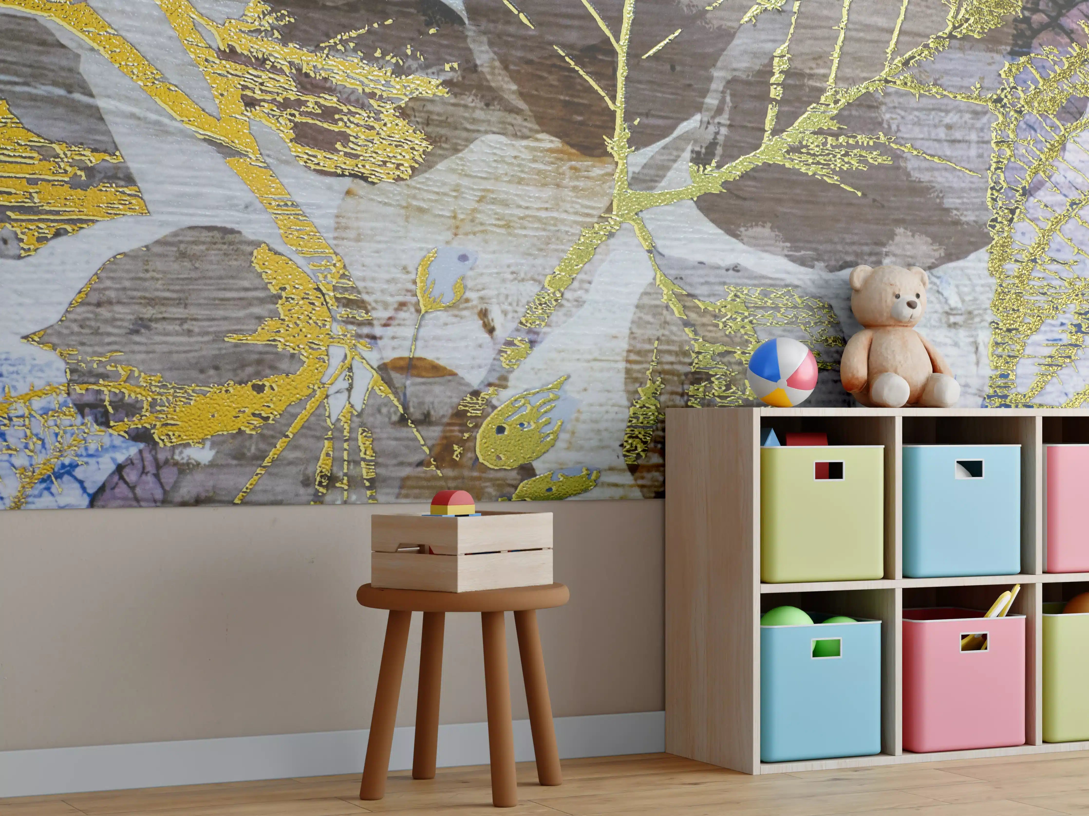 Kinderzimmer Wandgestaltung - Goldene Blätter im Naturdesign