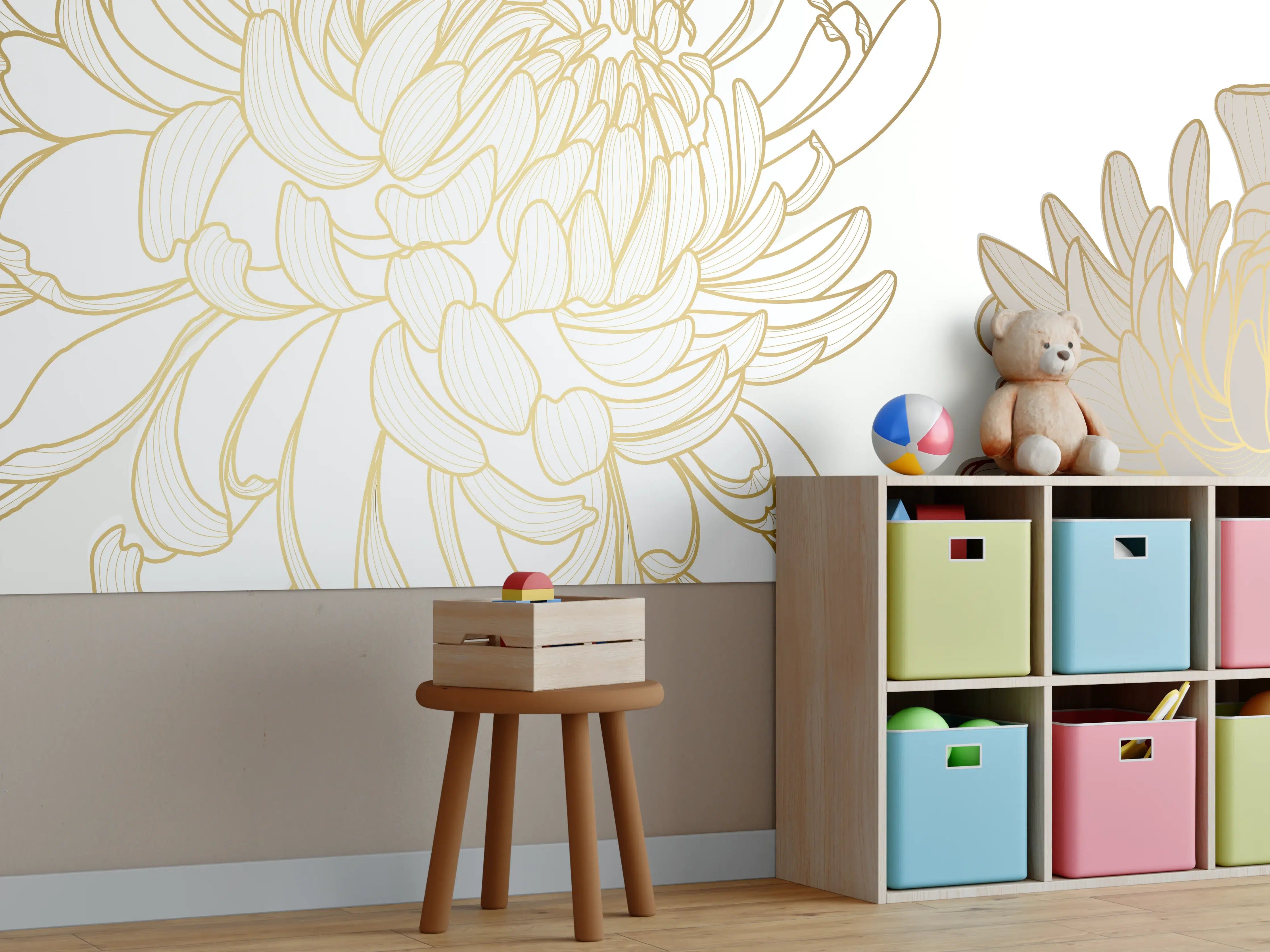 Kinderzimmer Wandgestaltung - Goldene Blüten Illustration