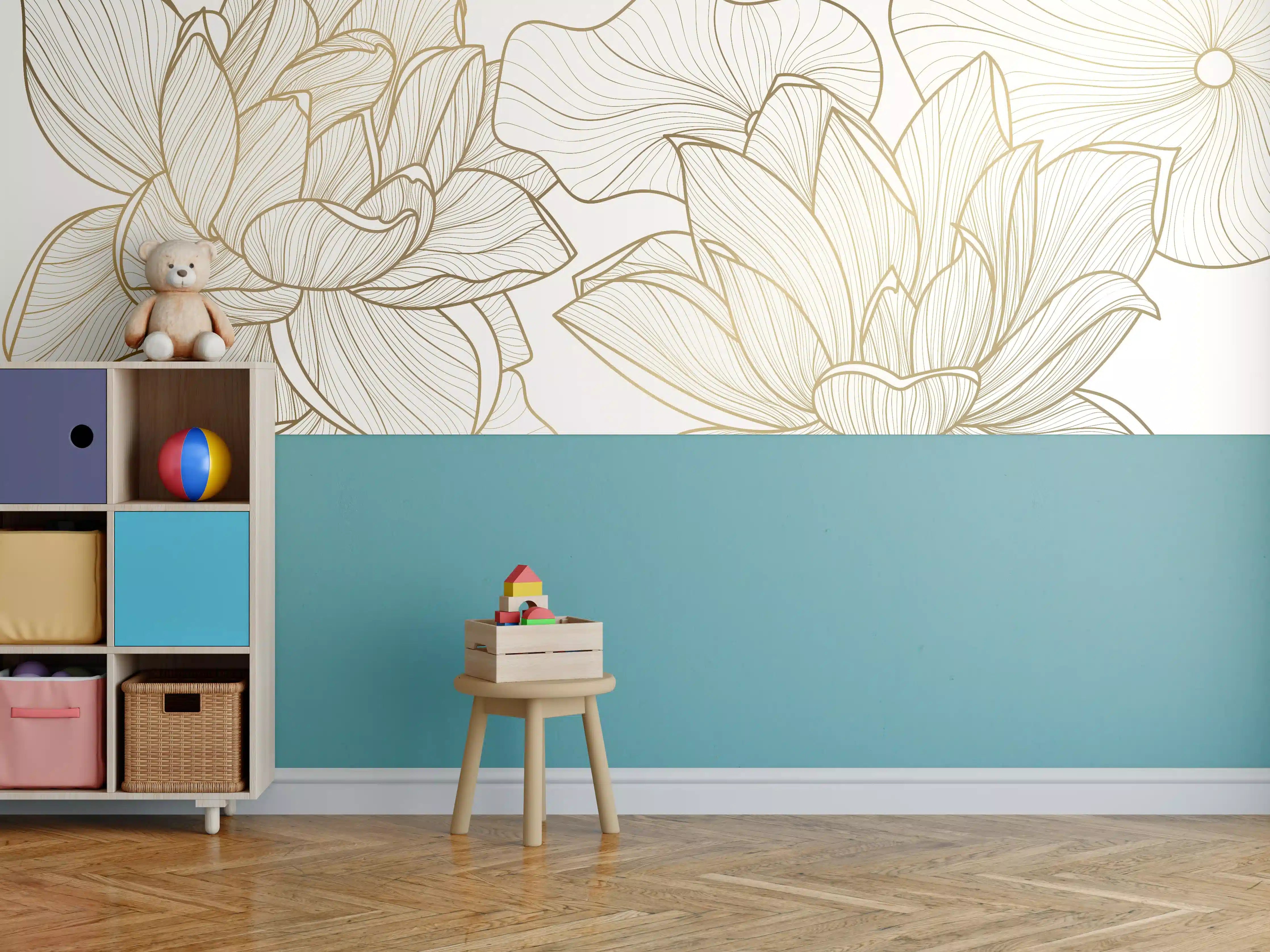 Kinderzimmer Wandgestaltung - Goldene Blüten auf cremefarbenem Hintergrund