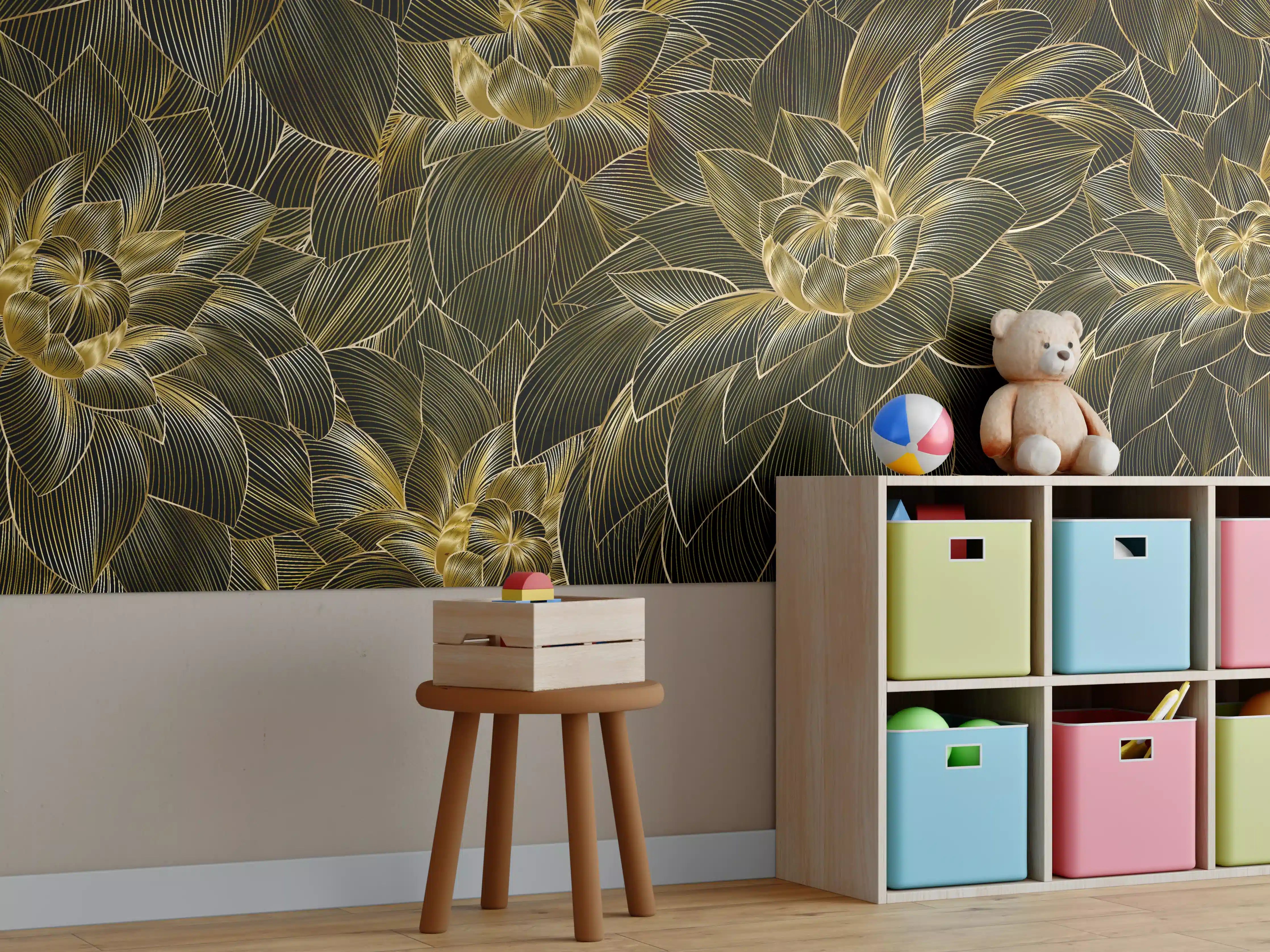 Kinderzimmer Wandgestaltung - Goldene Blütenmuster Tapete