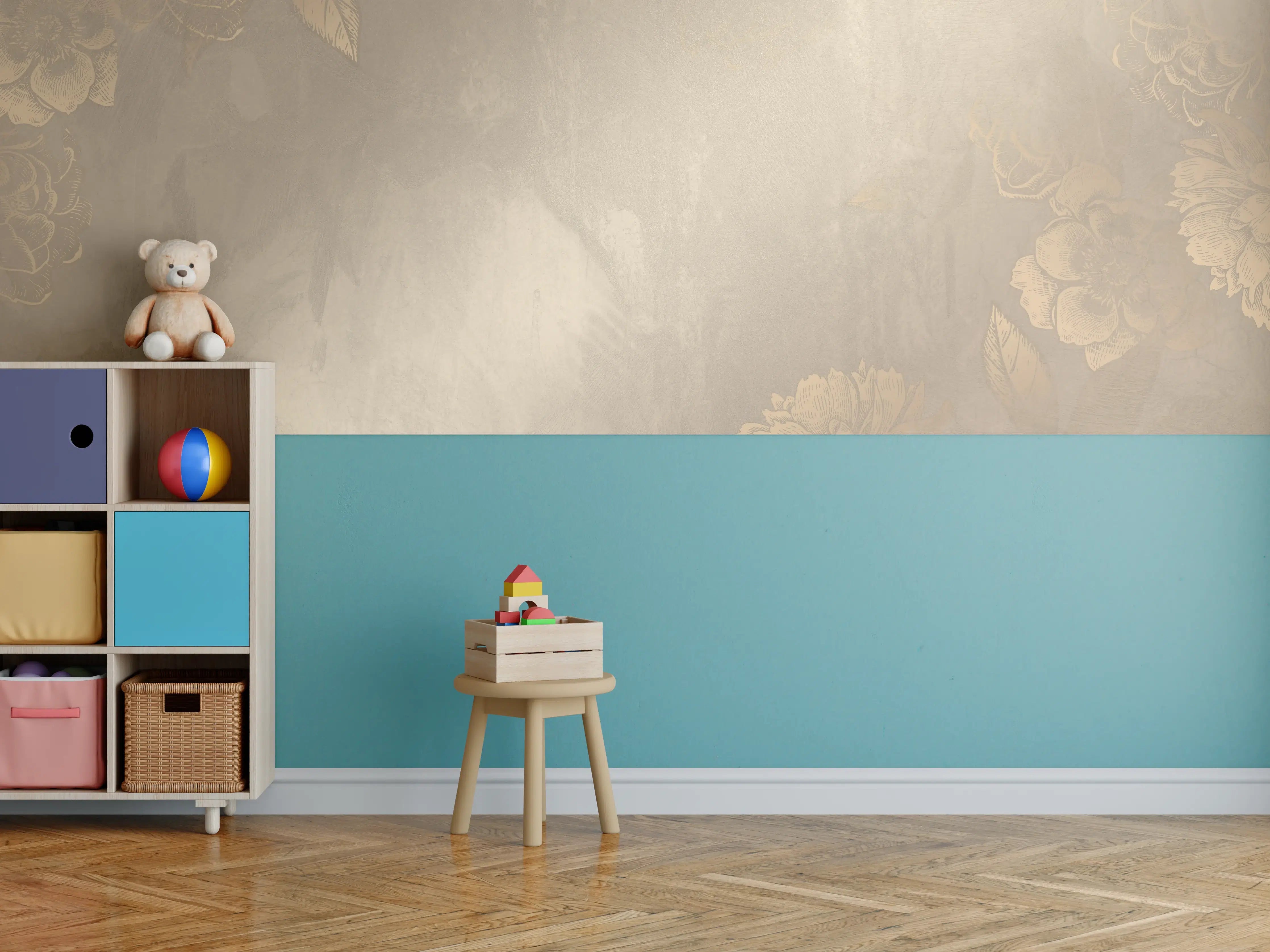 Kinderzimmer Wandgestaltung - Goldene Blumenmuster auf beigem Hintergrund