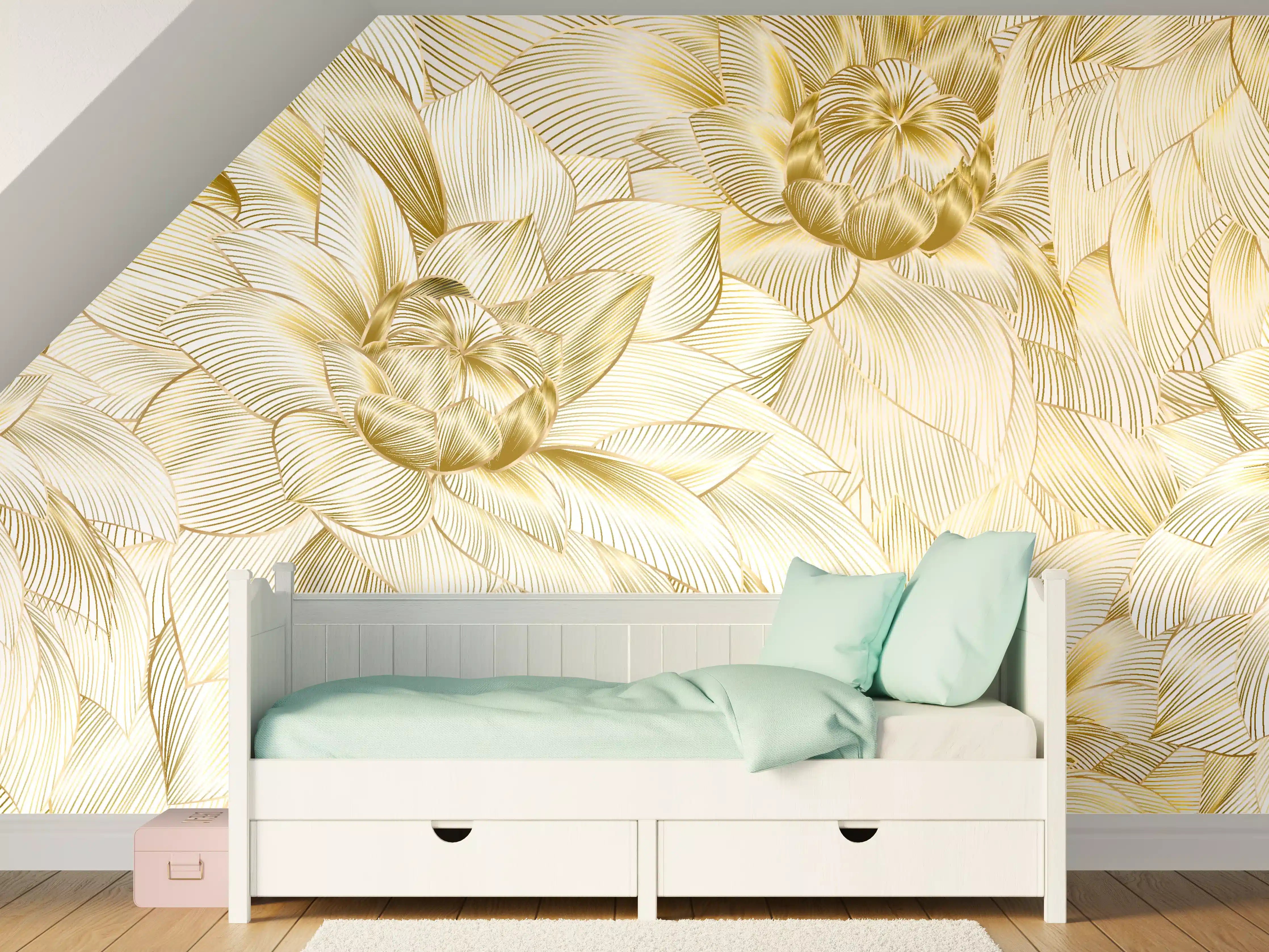 Kinderzimmer Wandgestaltung - Goldene Blumenmuster mit zarten Linien