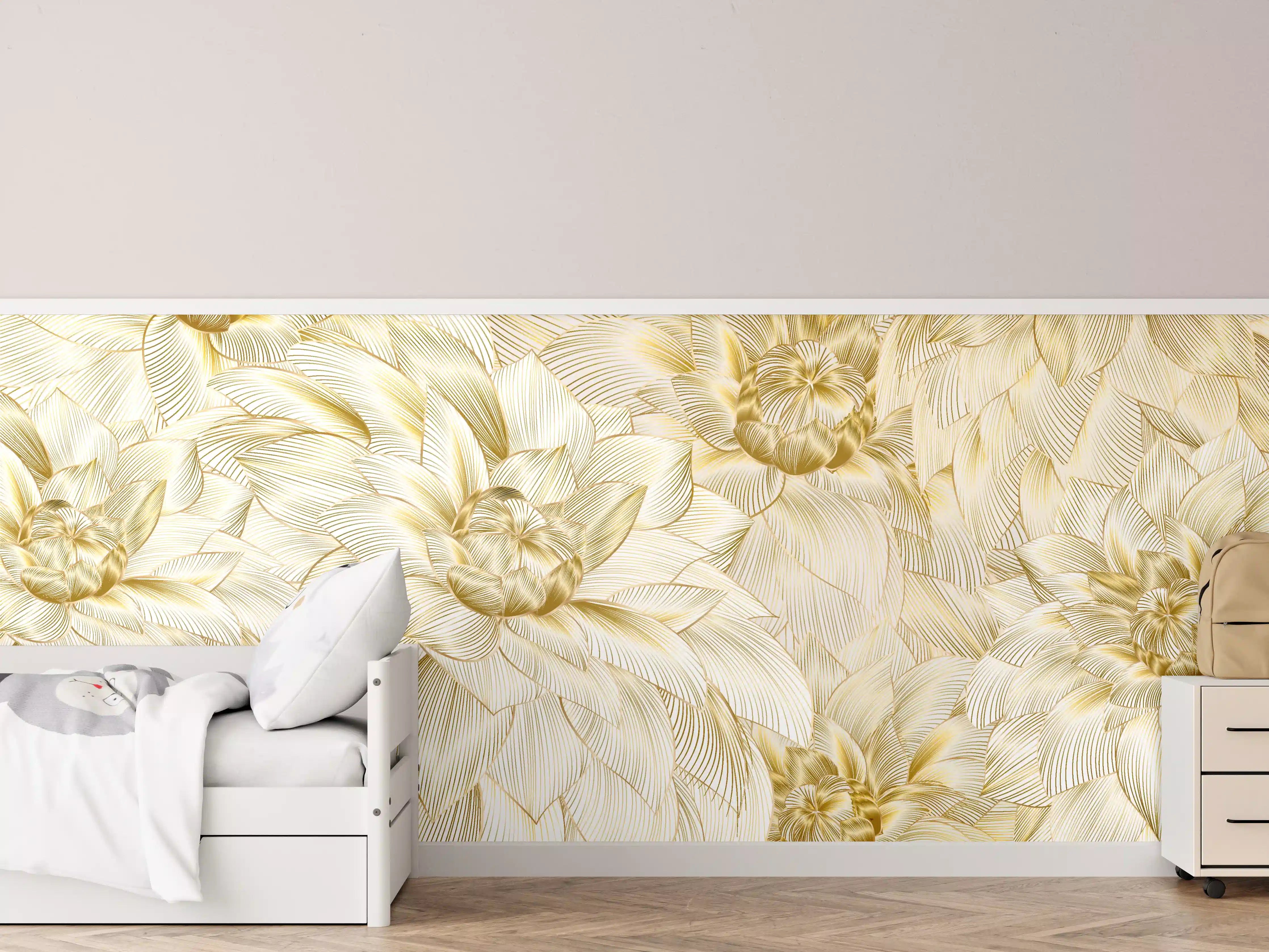Kinderzimmer Wandgestaltung - Goldene Blumenmuster mit zarten Linien