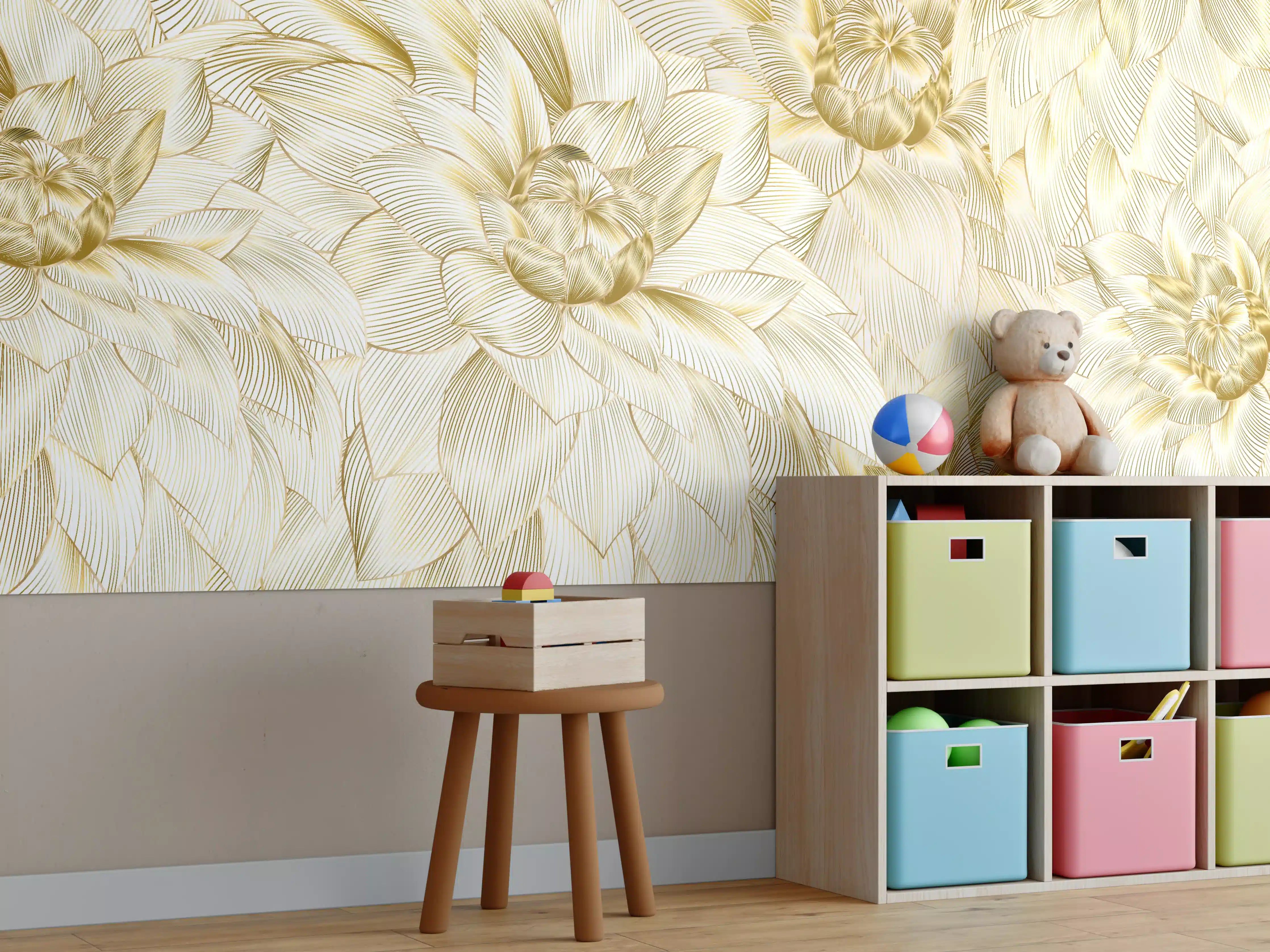 Kinderzimmer Wandgestaltung - Goldene Blumenmuster mit zarten Linien