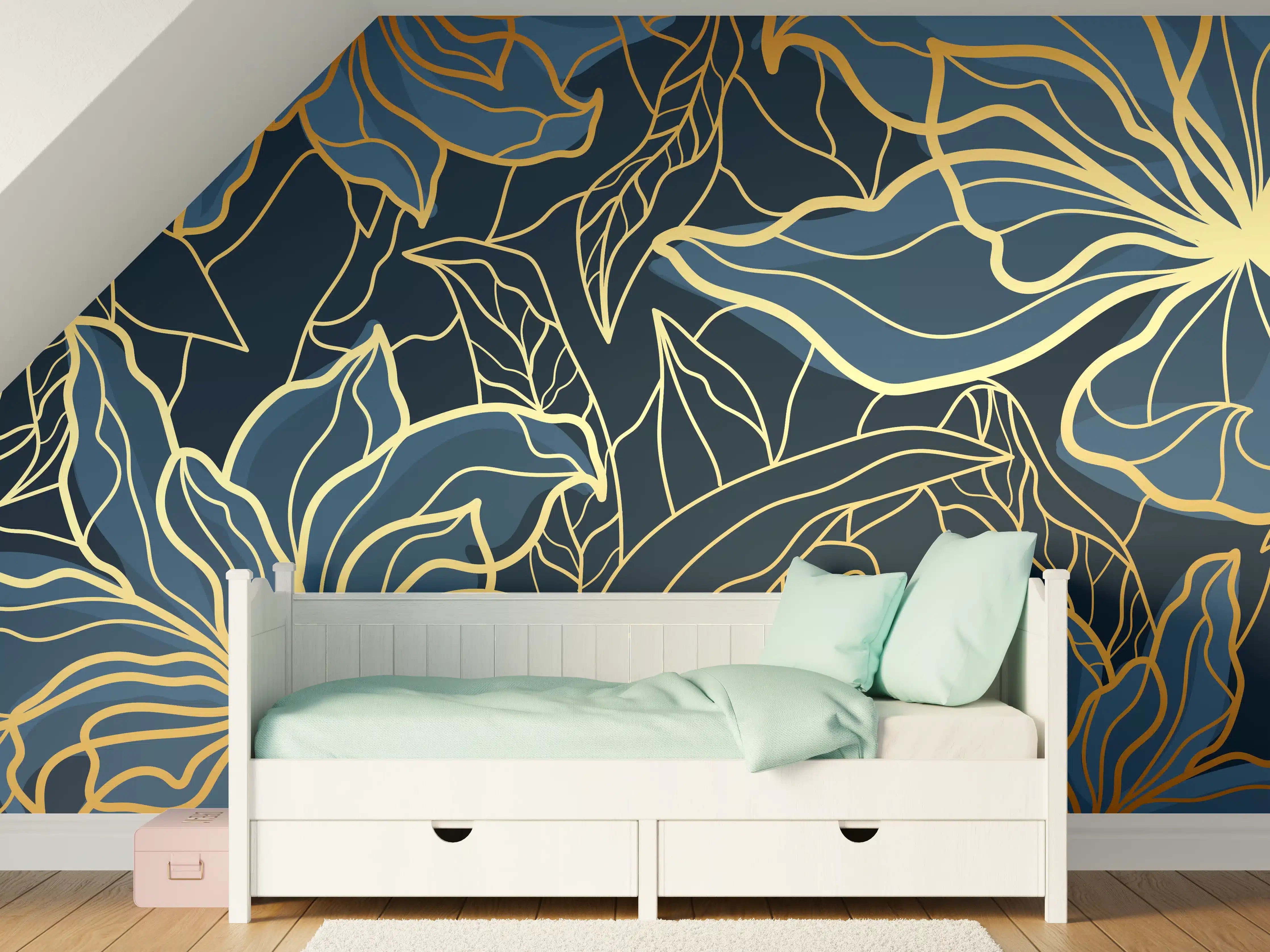 Kinderzimmer Wandgestaltung - Goldene Blumenranken auf Dunkelblau