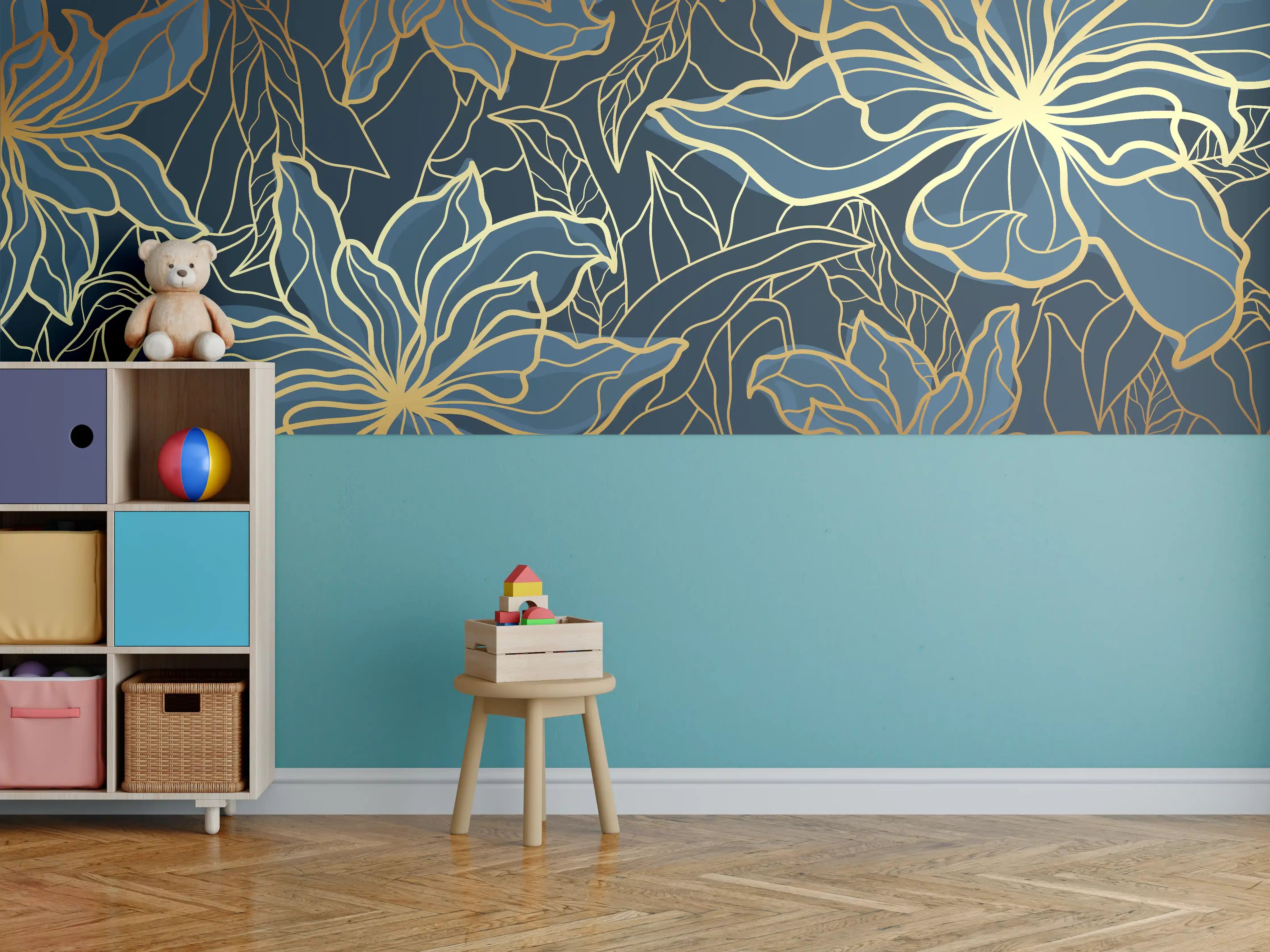 Kinderzimmer Wandgestaltung - Goldene Blumenranken auf Dunkelblau