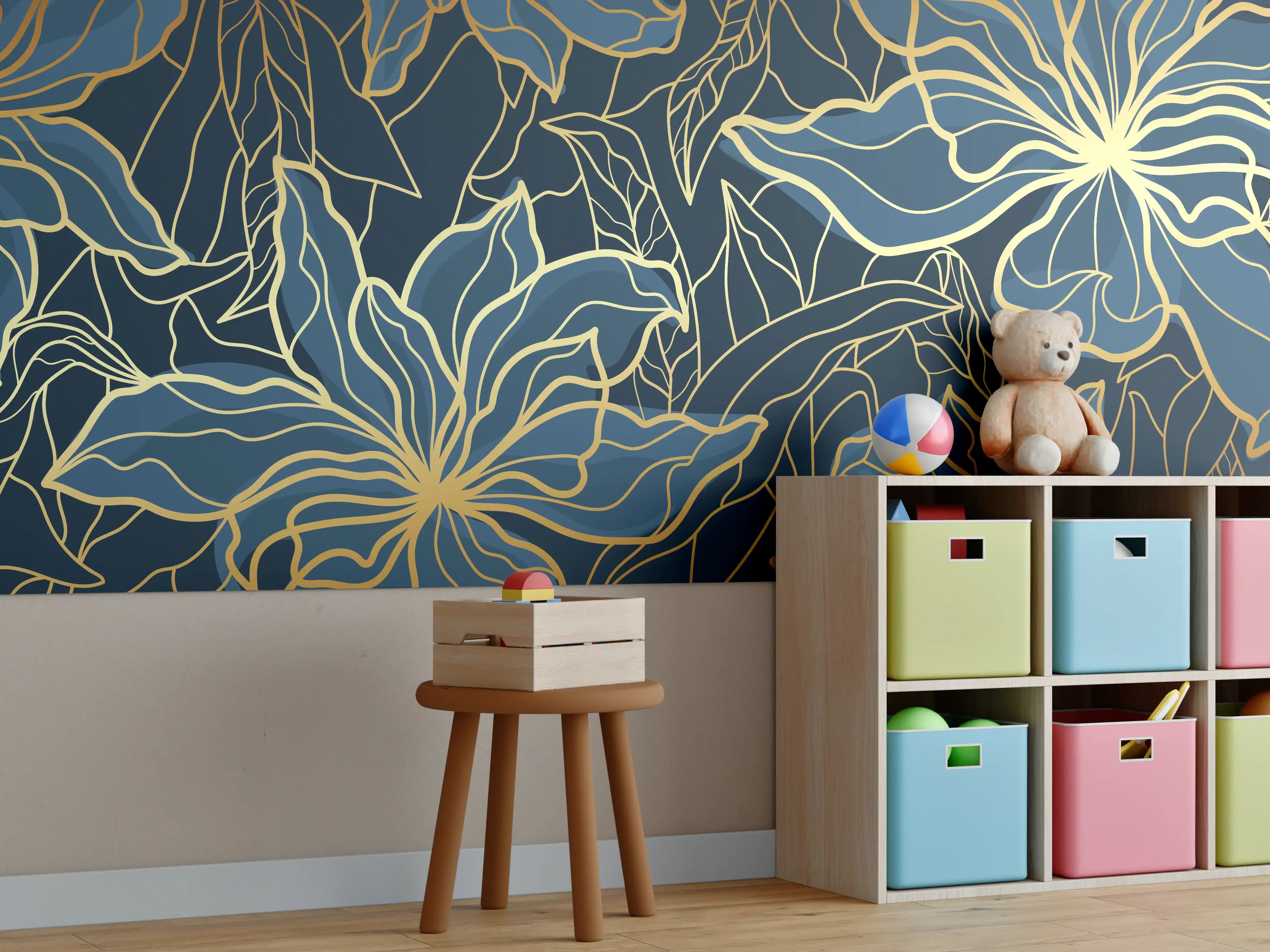 Kinderzimmer Wandgestaltung - Goldene Blumenranken auf Dunkelblau