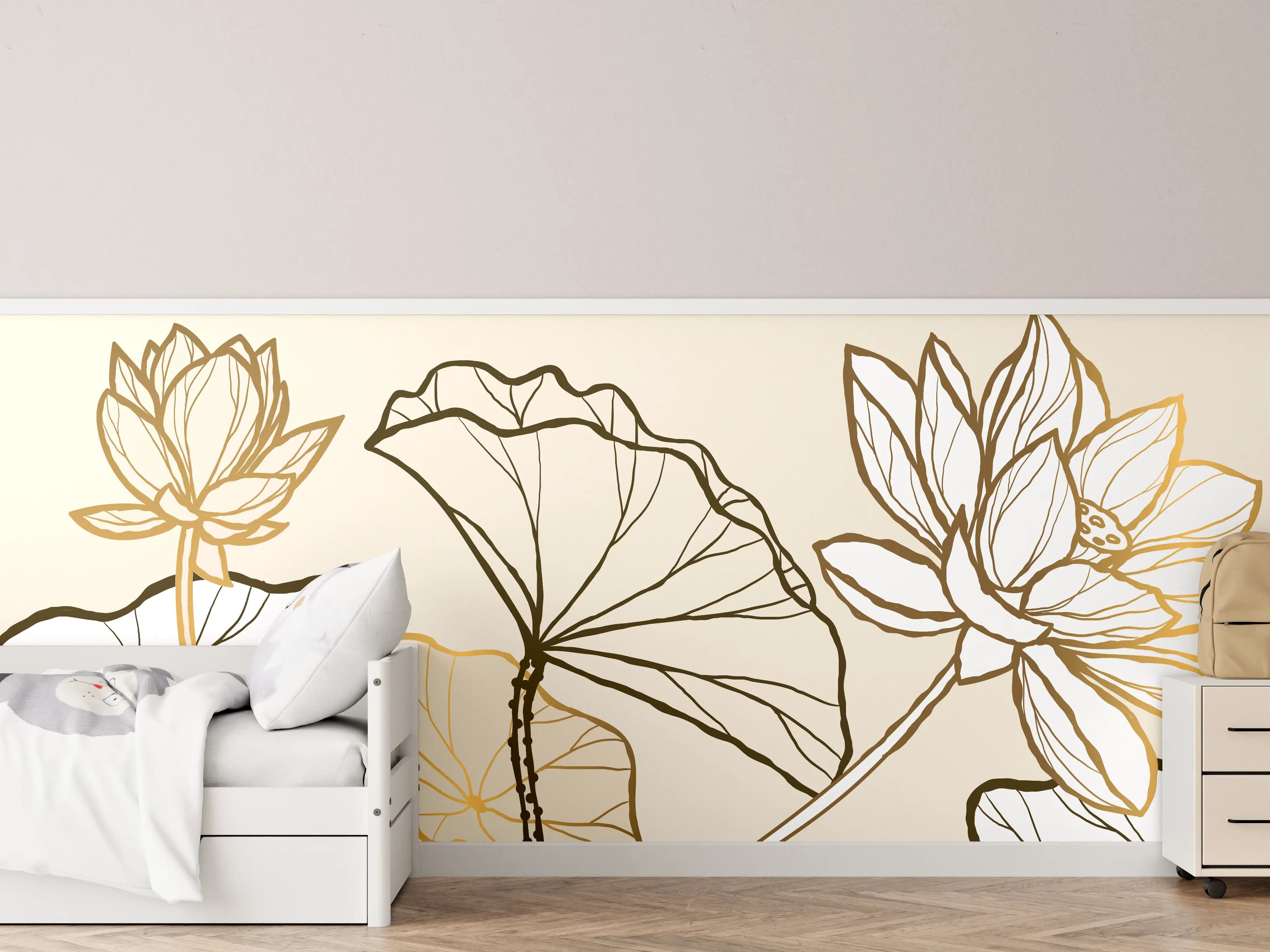 Kinderzimmer Wandgestaltung - Goldene Botanik Lineart Illustration