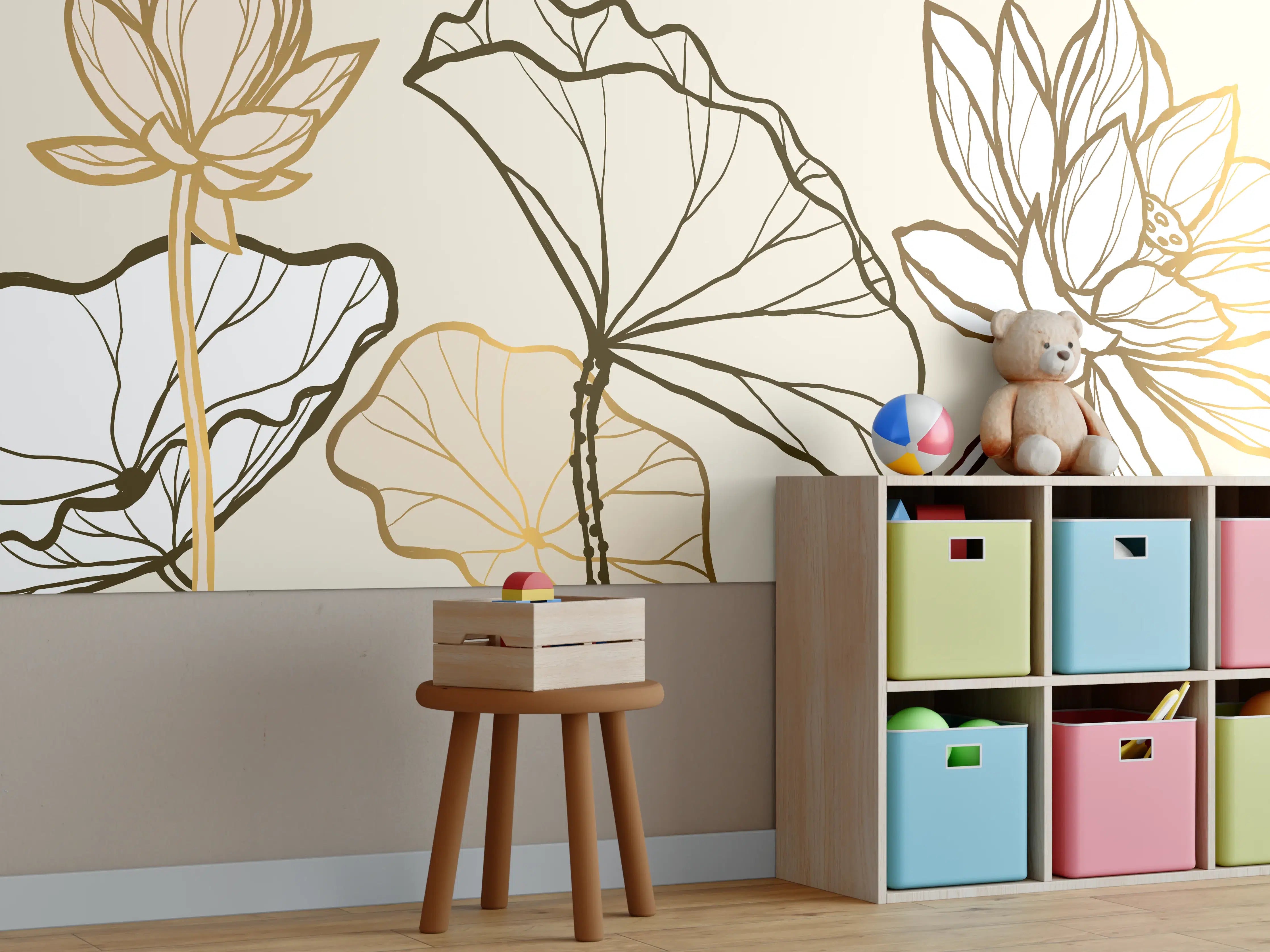 Kinderzimmer Wandgestaltung - Goldene Botanik Lineart Illustration