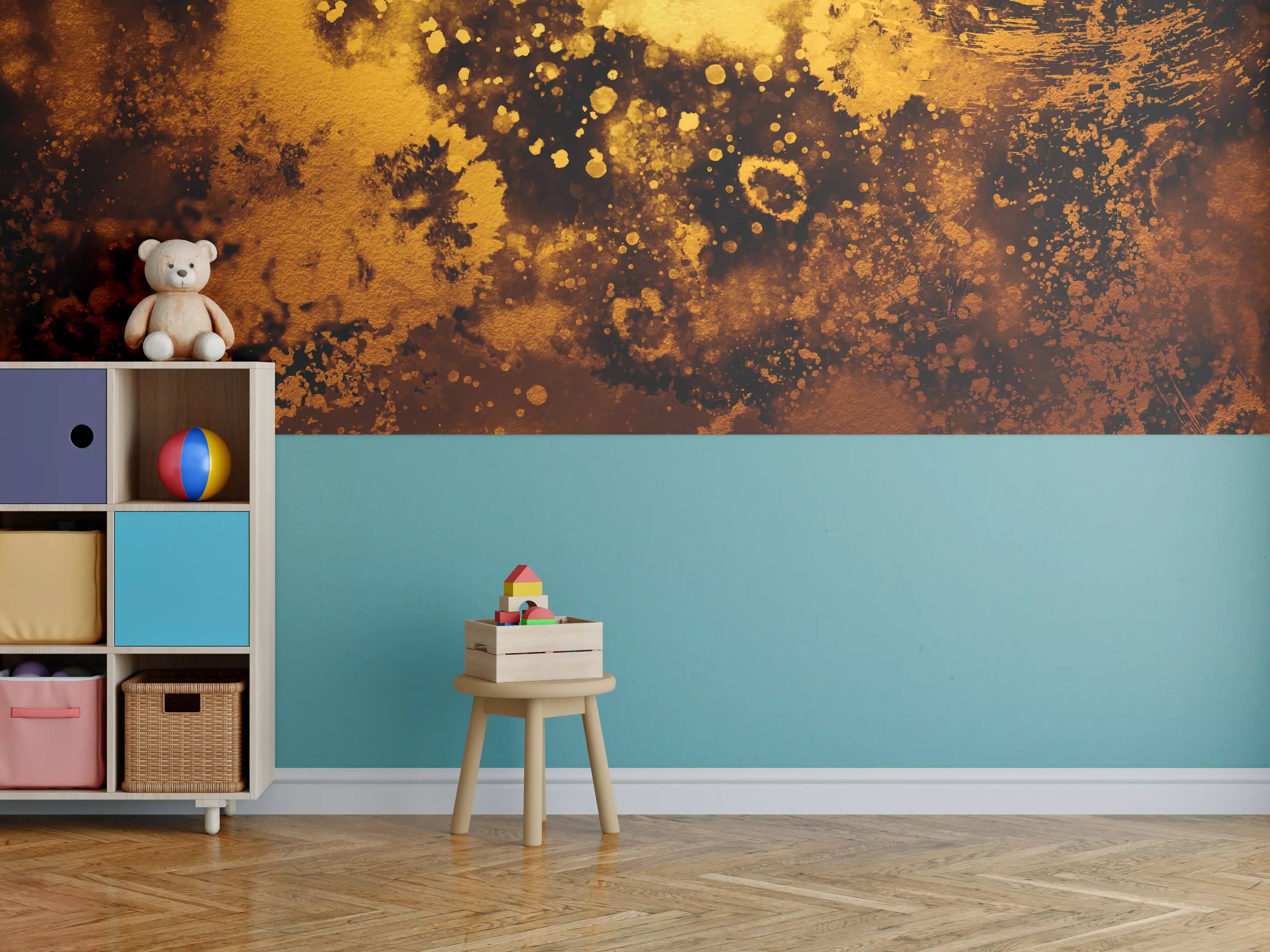 Kinderzimmer Wandgestaltung - Goldene Farbspritzer auf schwarzem Hintergrund