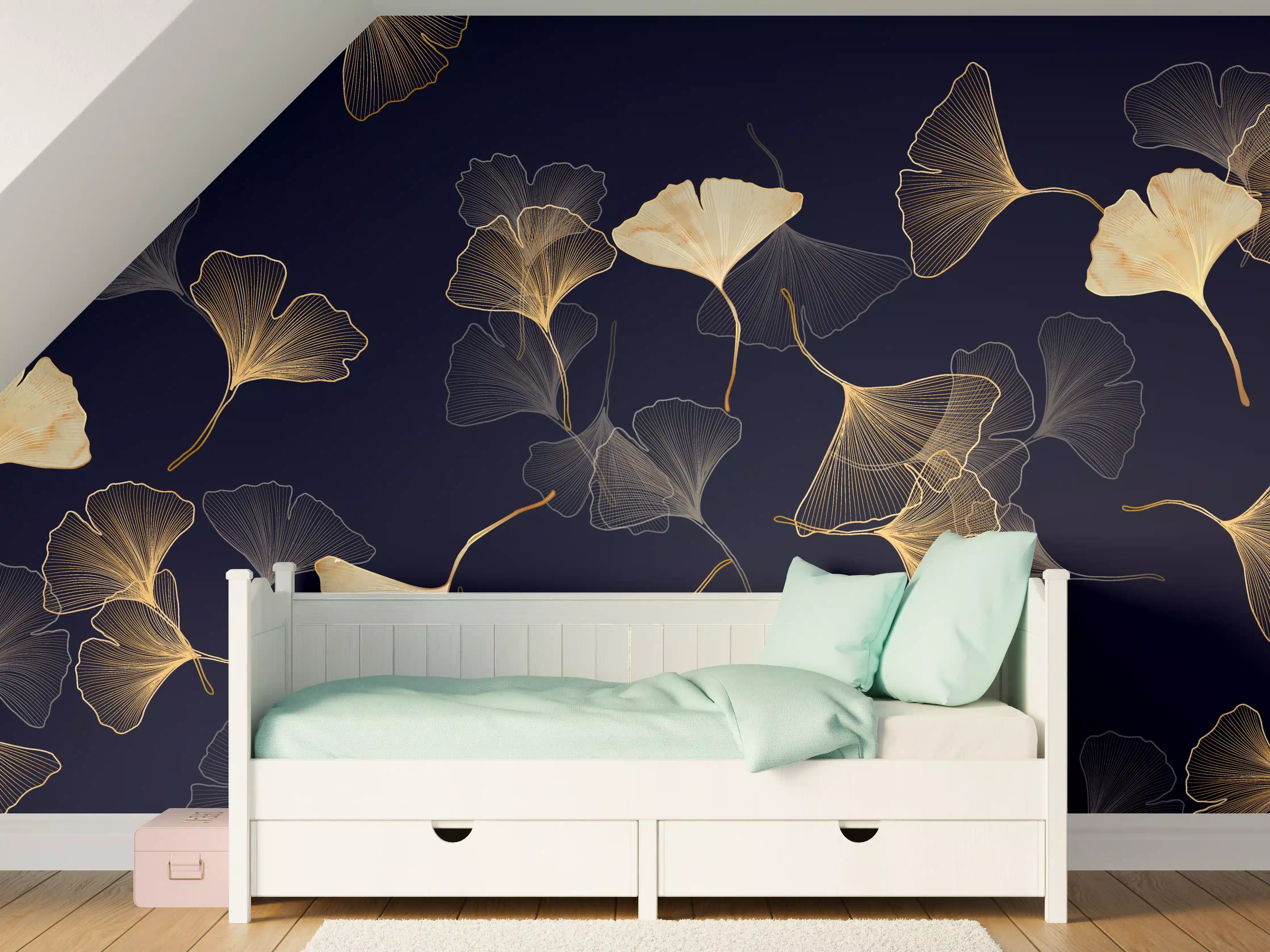 Kinderzimmer Wandgestaltung - Goldene Ginkgo Blatt Design Tapete