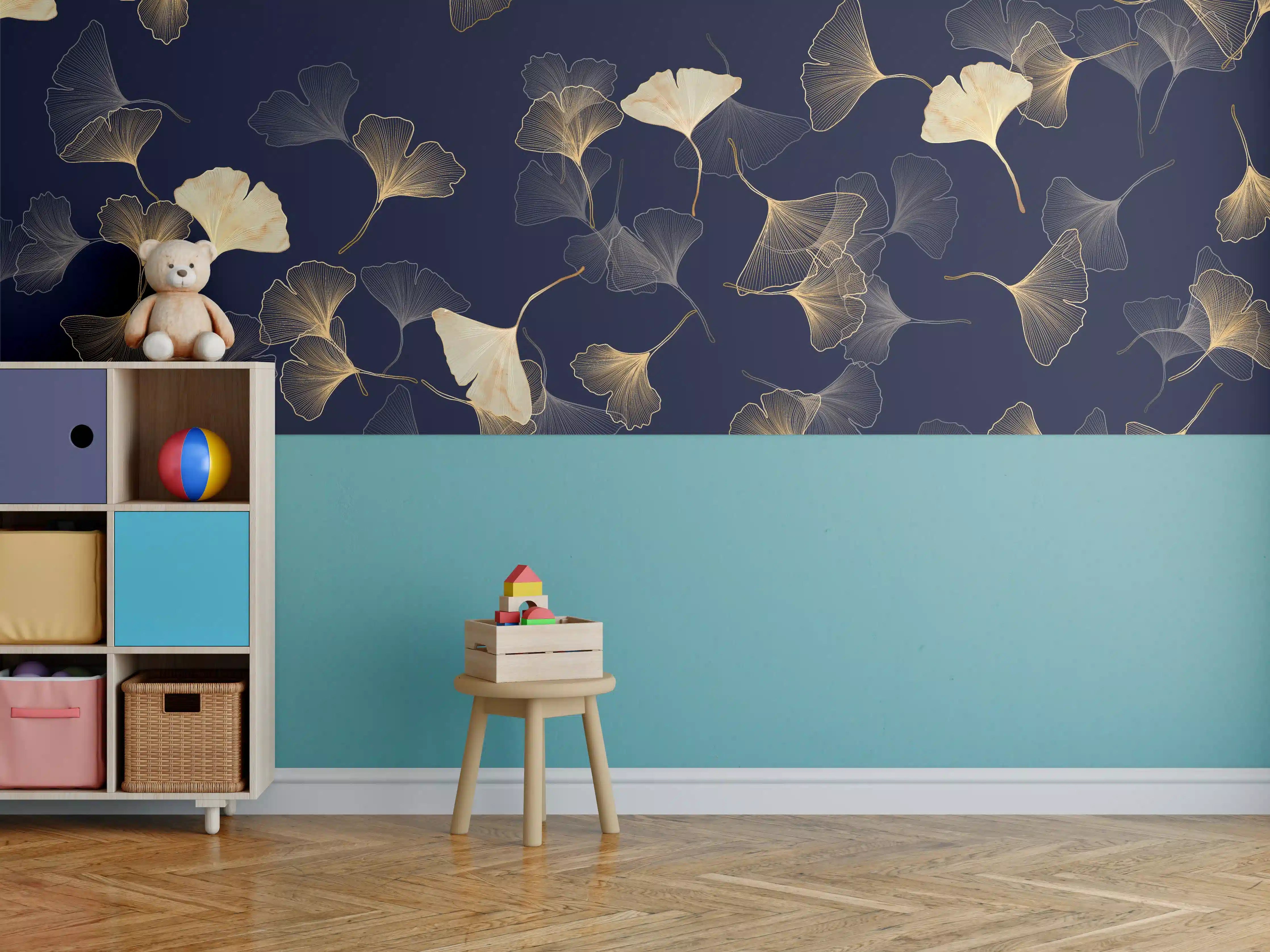 Kinderzimmer Wandgestaltung - Goldene Ginkgo Blatt Design Tapete