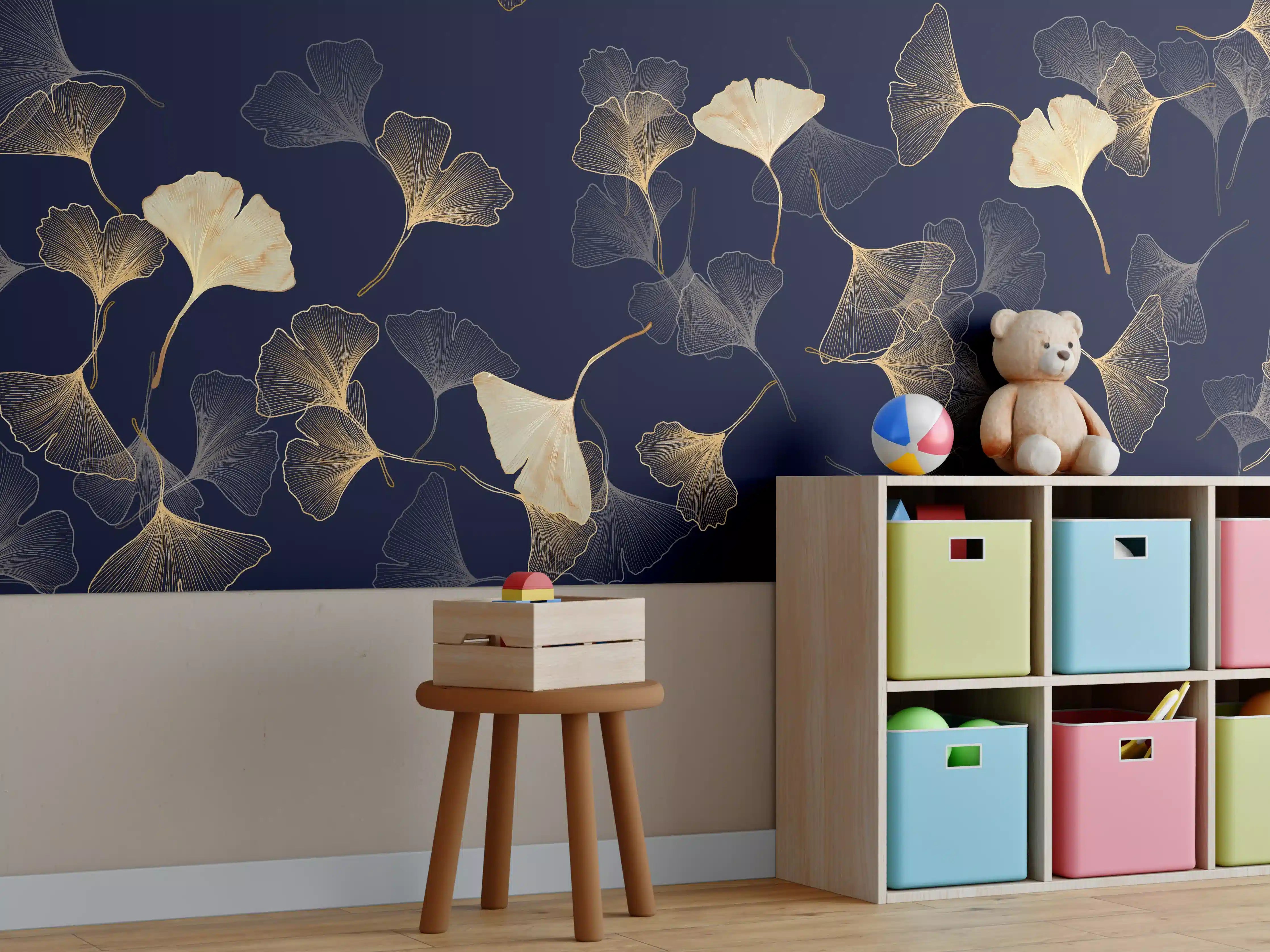 Kinderzimmer Wandgestaltung - Goldene Ginkgo Blatt Design Tapete