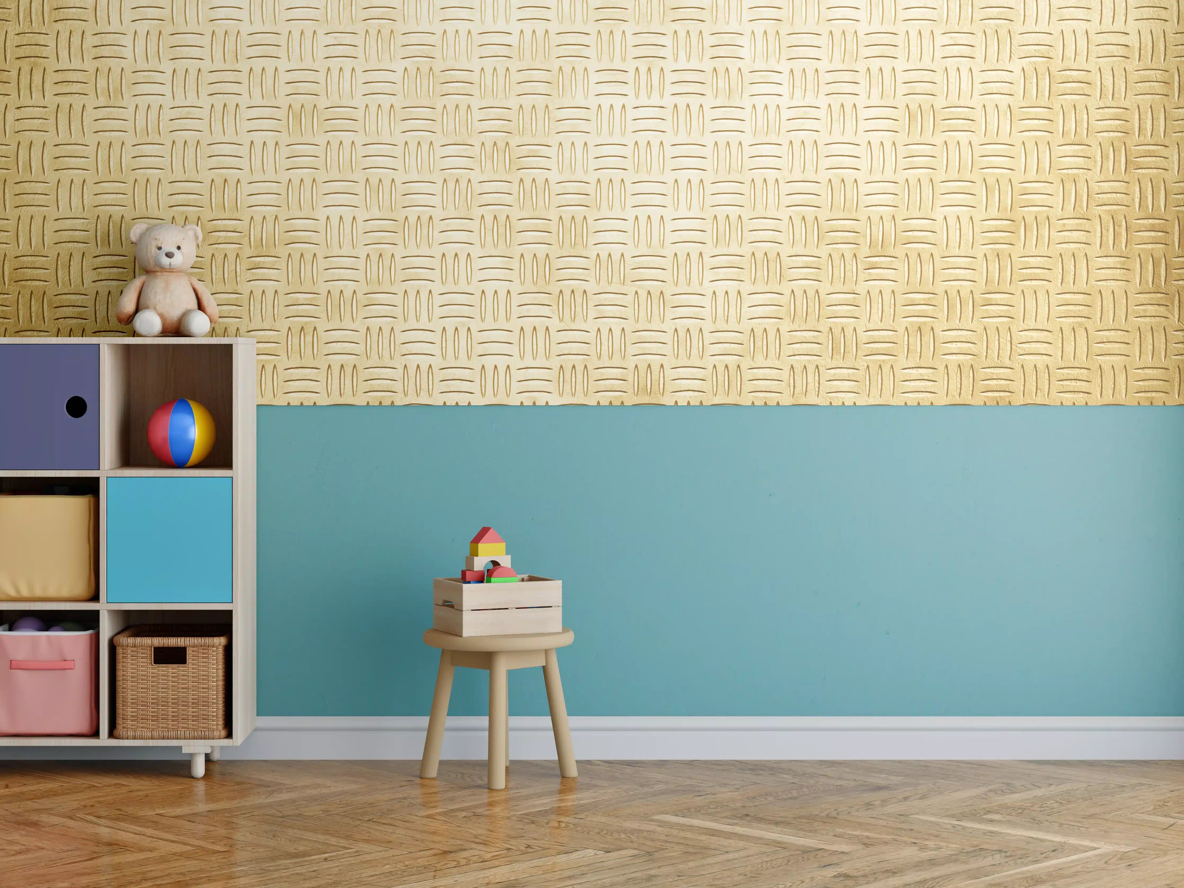 Kinderzimmer Wandgestaltung - Goldene Holzmaserung mit elegantem Design