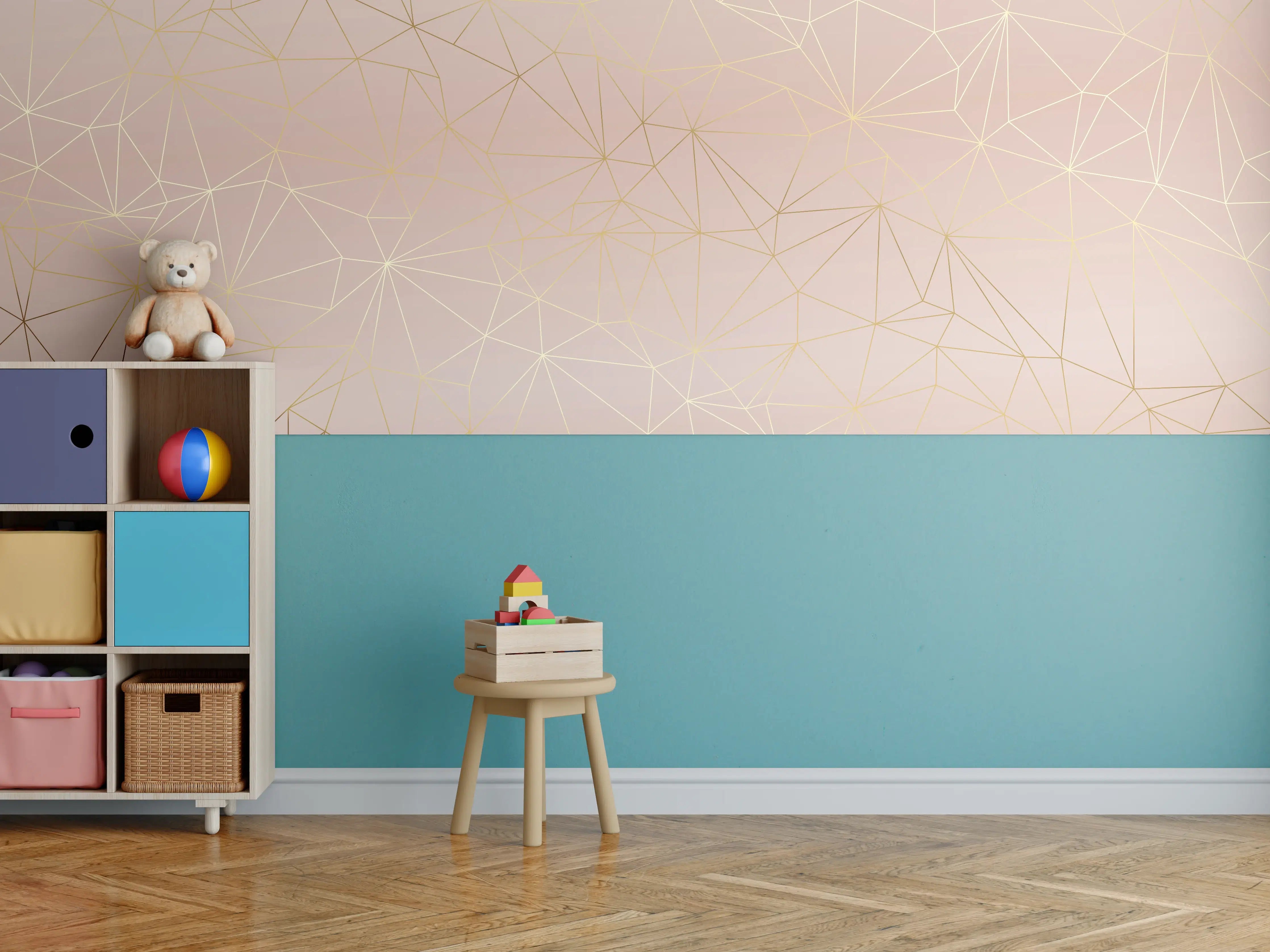 Kinderzimmer Wandgestaltung - Goldene Linien auf Beige Hintergrund