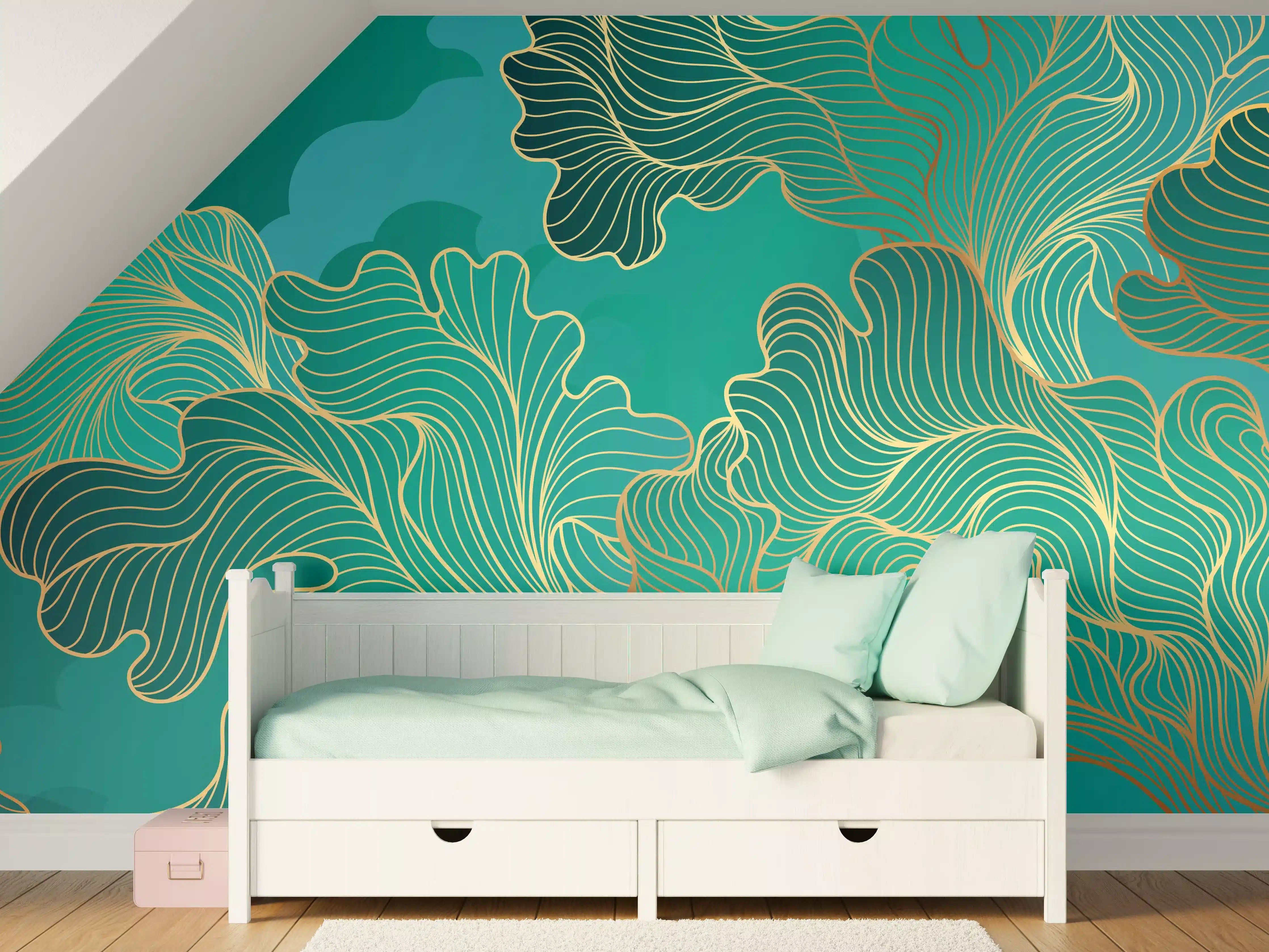 Kinderzimmer Wandgestaltung - Goldene Linien auf Smaragdgrünem Hintergrund