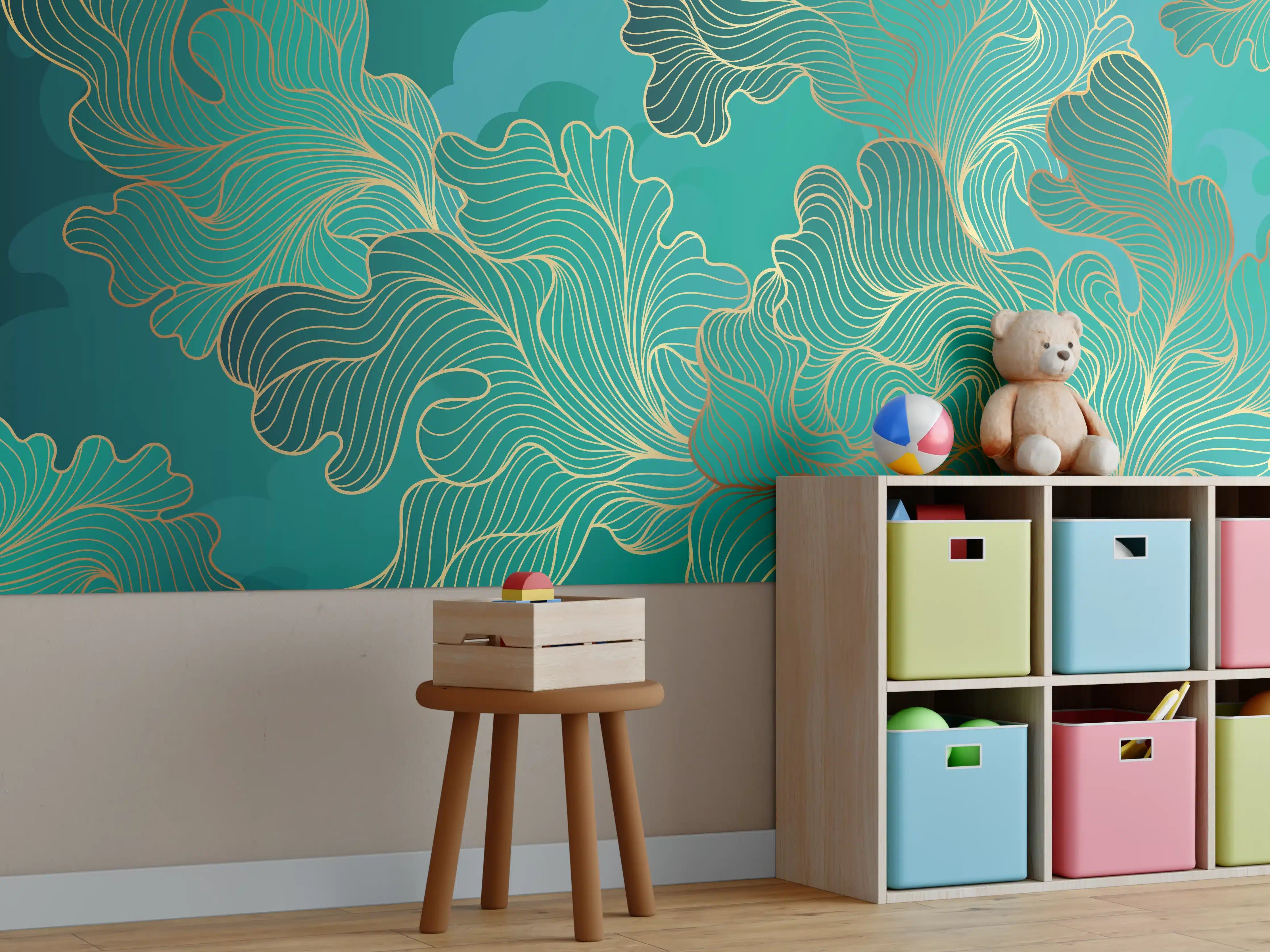 Kinderzimmer Wandgestaltung - Goldene Linien auf Smaragdgrünem Hintergrund