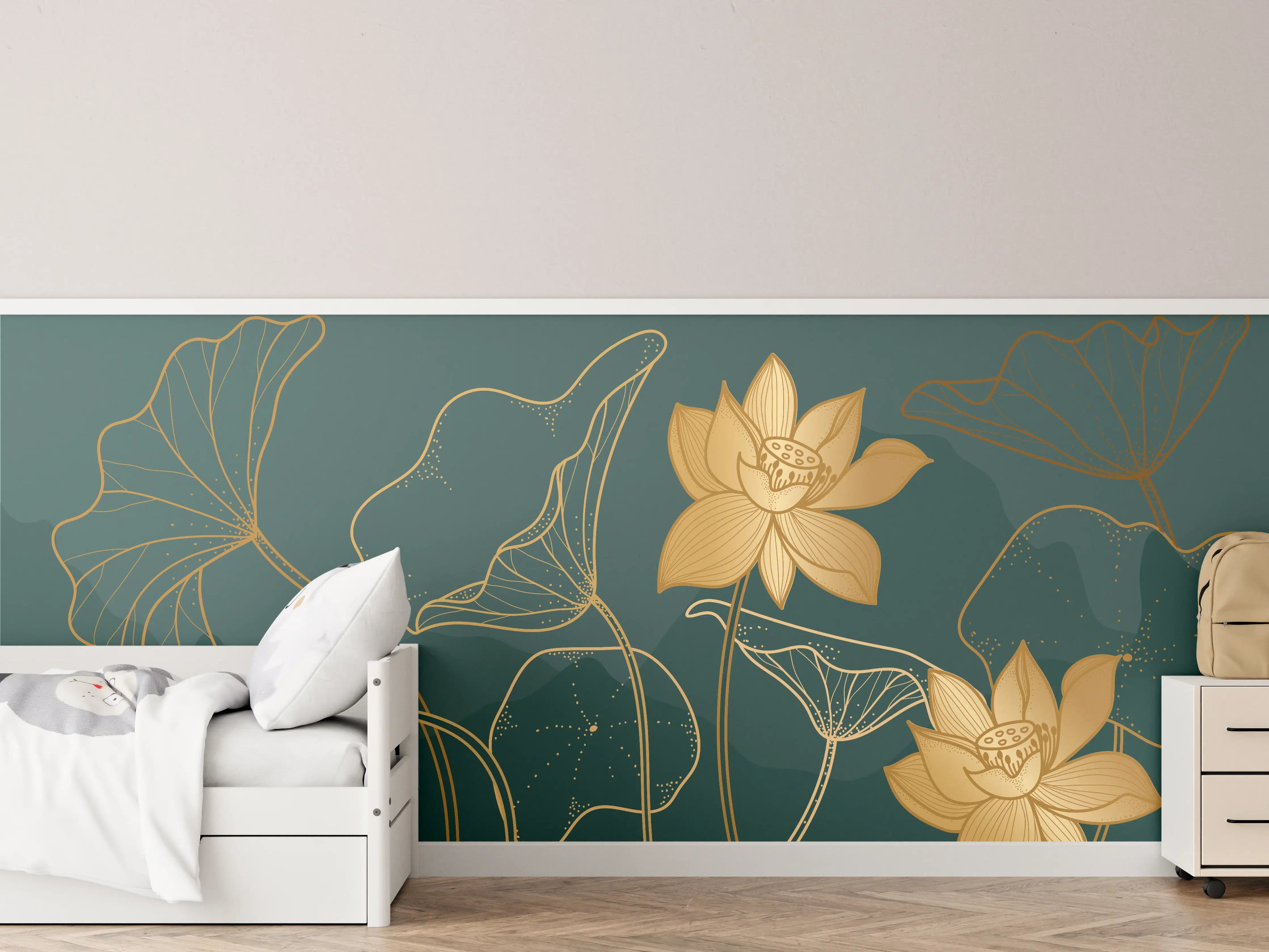Kinderzimmer Wandgestaltung - Goldene Lotus Linienzeichnung