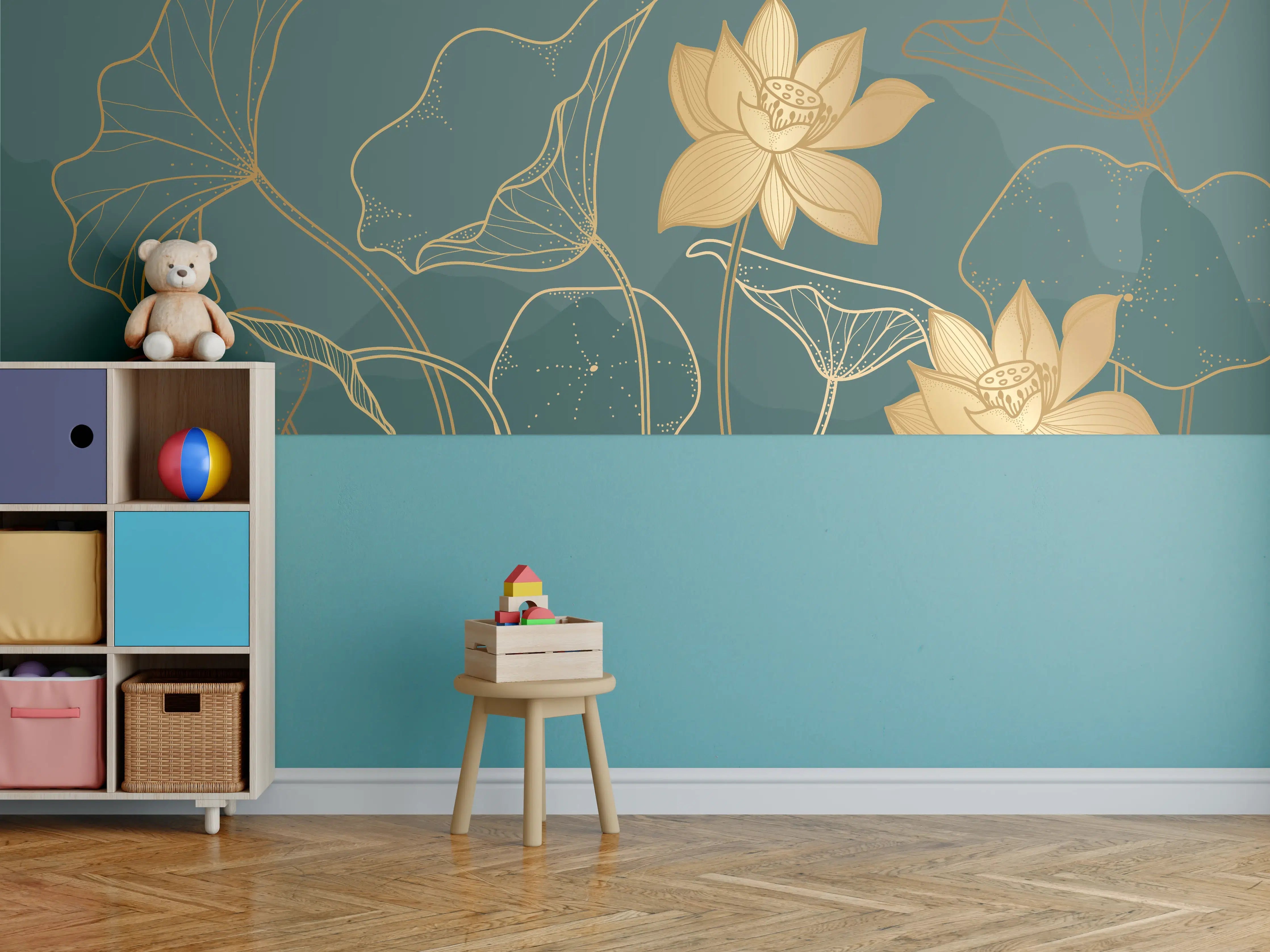Kinderzimmer Wandgestaltung - Goldene Lotus Linienzeichnung