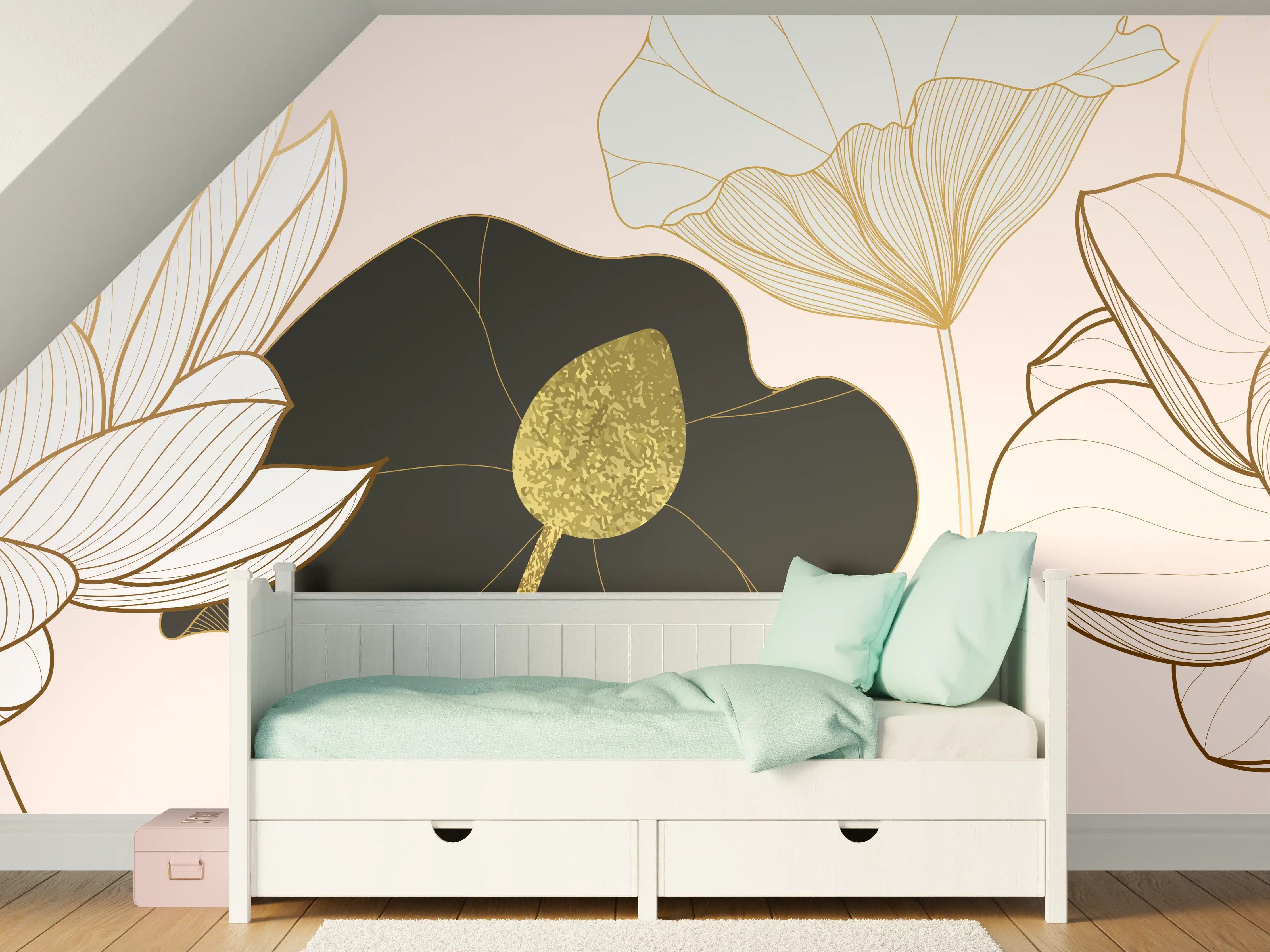 Kinderzimmer Wandgestaltung - Goldene Lotusblumen auf Schwarz