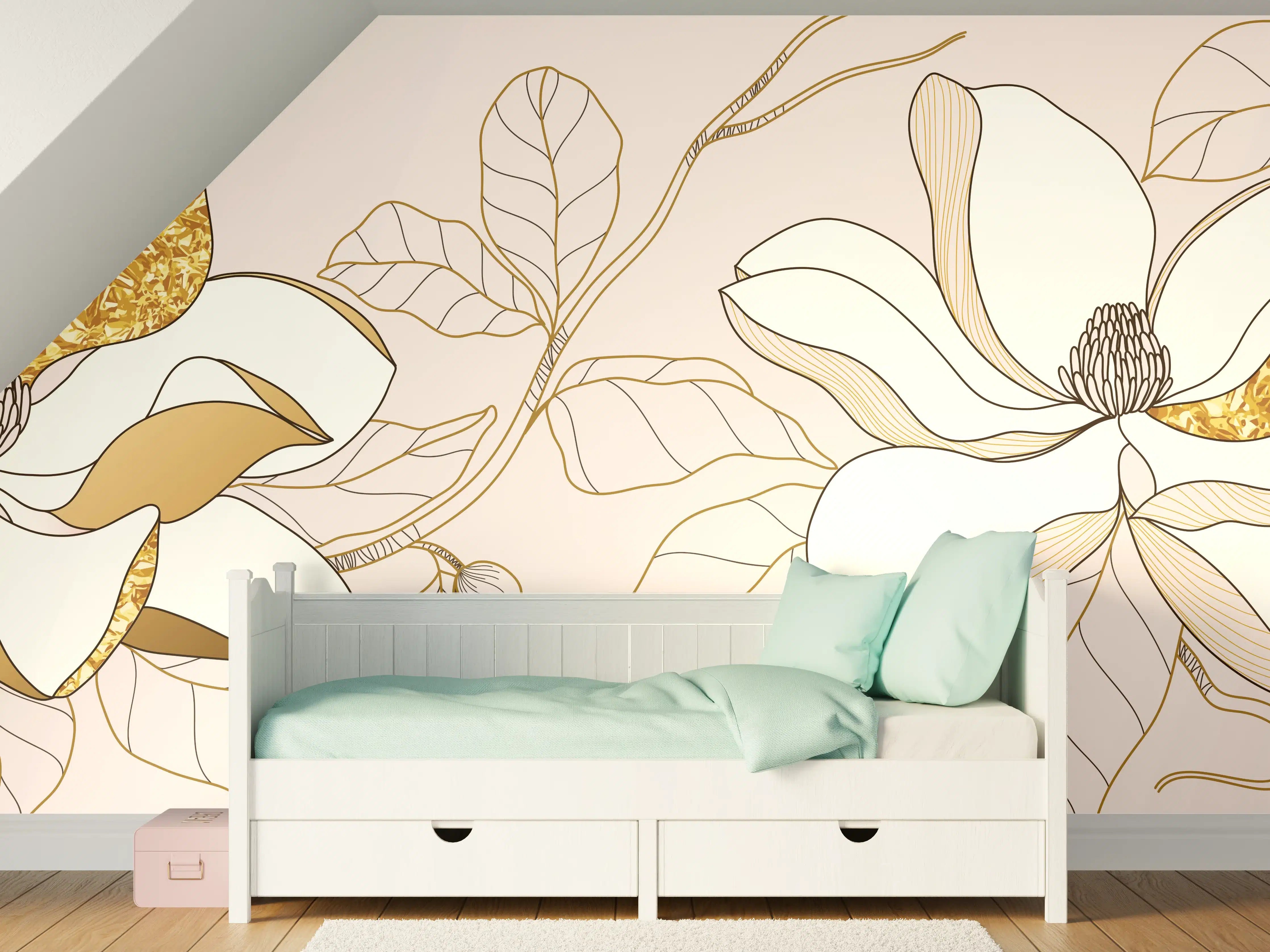 Kinderzimmer Wandgestaltung - Goldene Magnolia auf neutralem Hintergrund