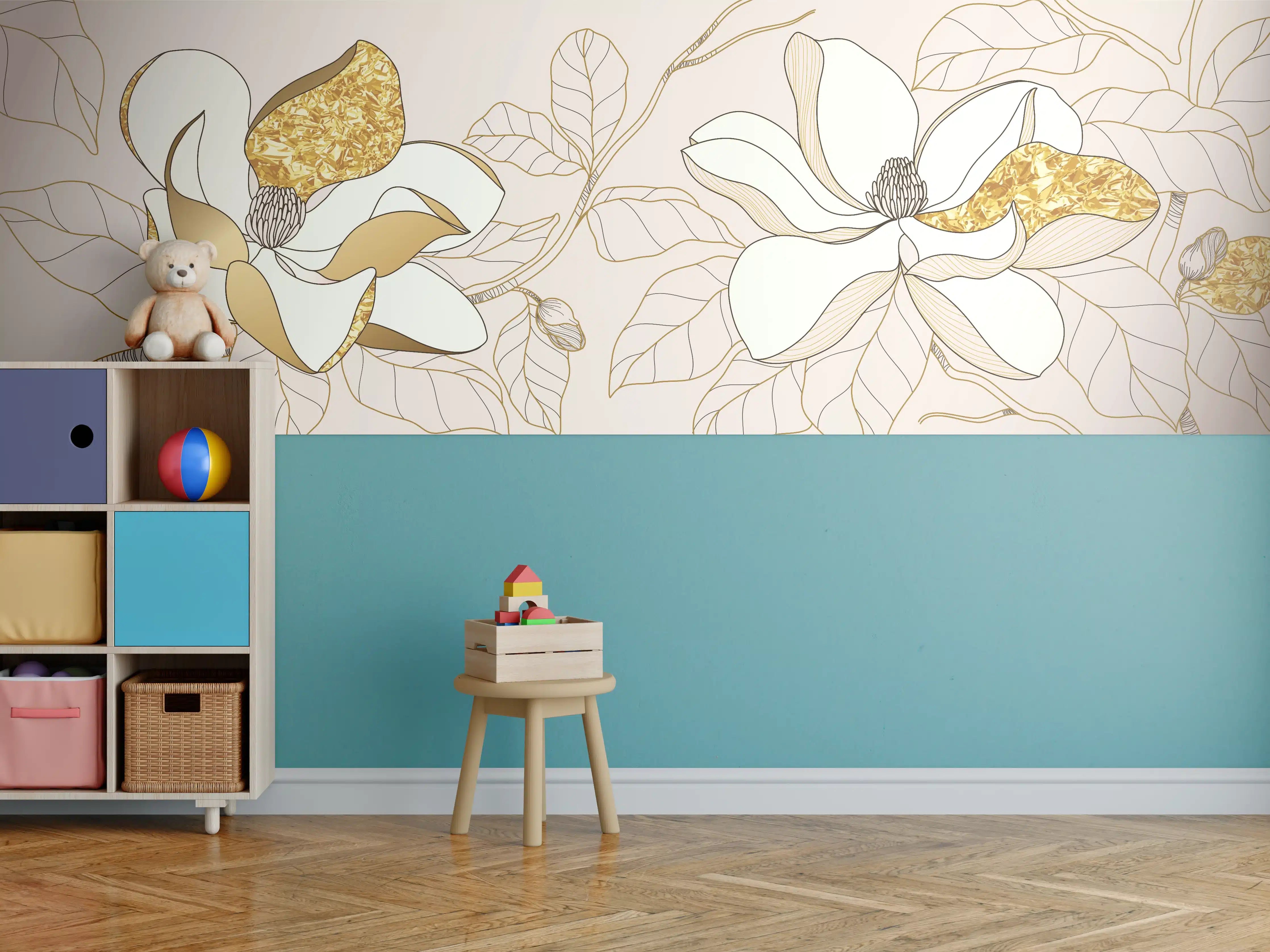 Kinderzimmer Wandgestaltung - Goldene Magnolia auf neutralem Hintergrund