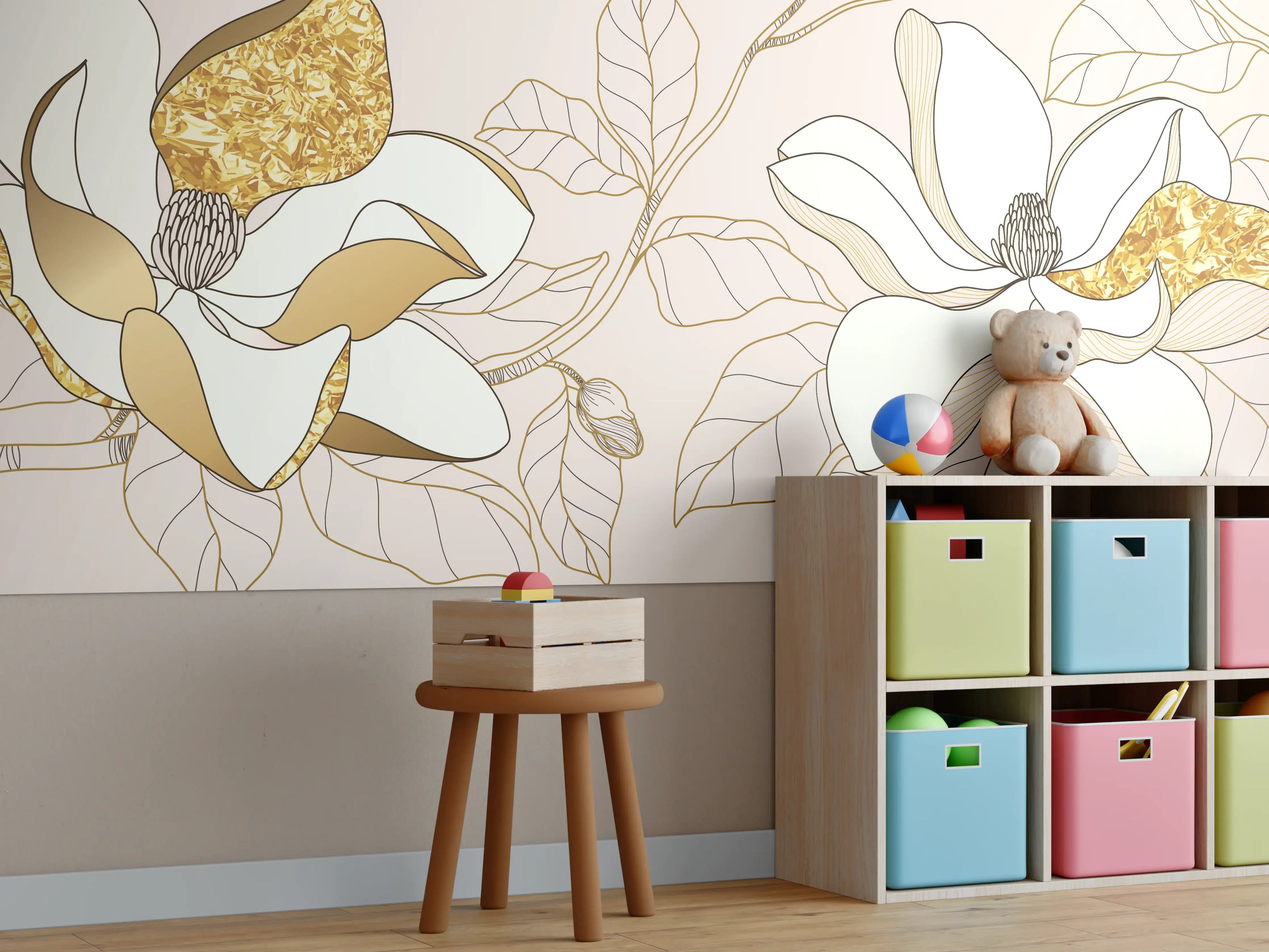 Kinderzimmer Wandgestaltung - Goldene Magnolia auf neutralem Hintergrund