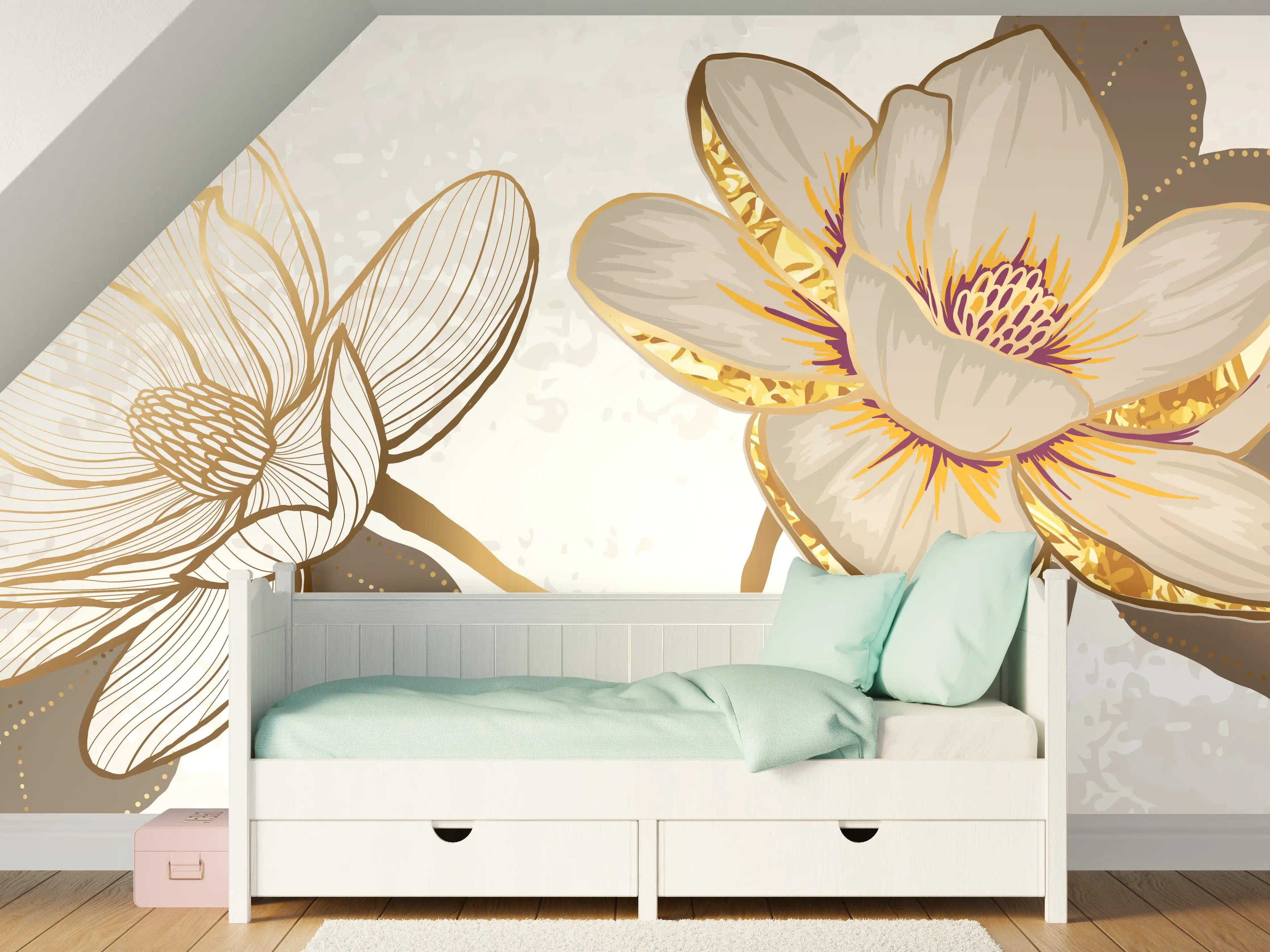 Kinderzimmer Wandgestaltung - Goldene Magnolien Kunst-Design