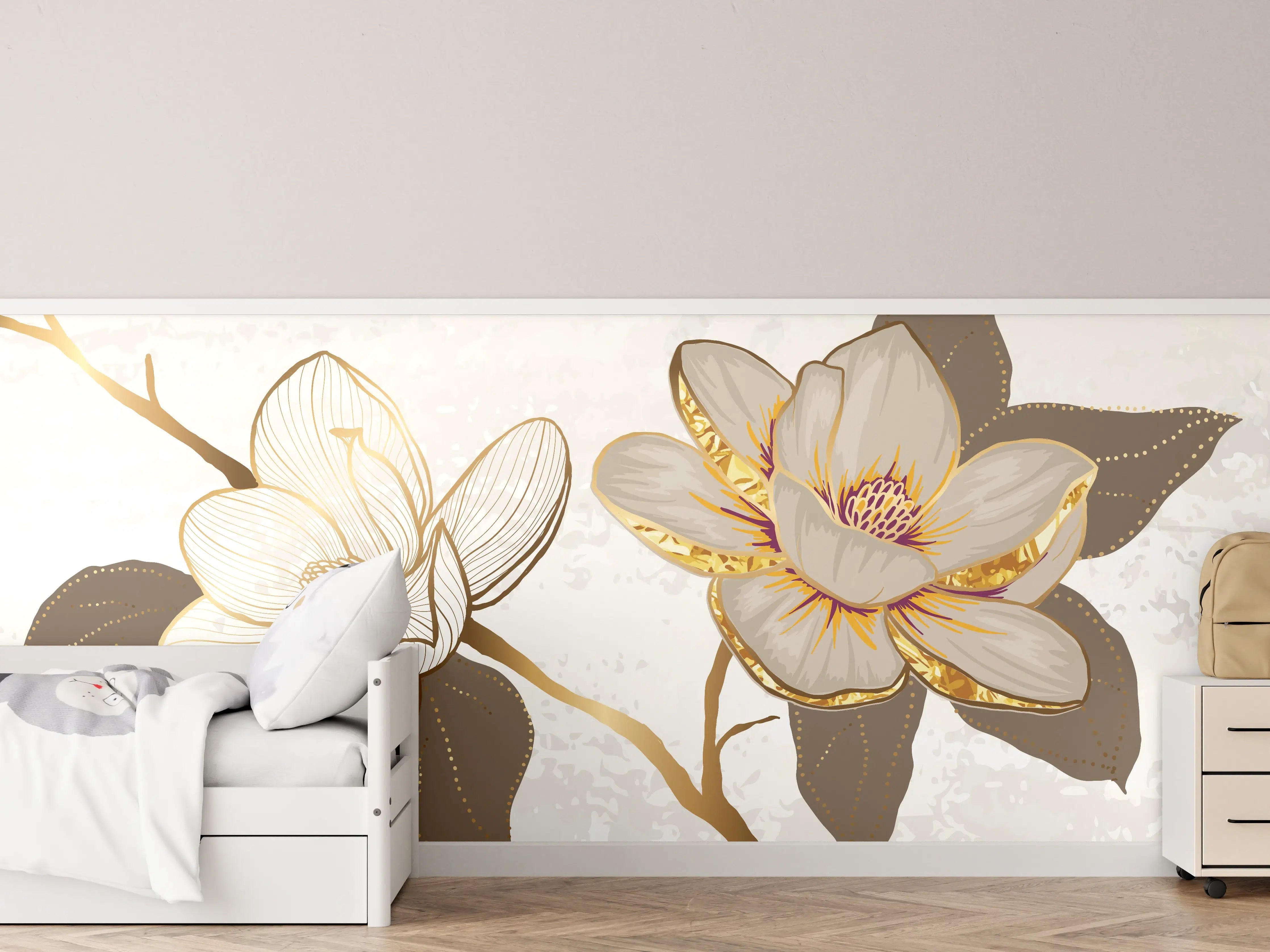 Kinderzimmer Wandgestaltung - Goldene Magnolien Kunst-Design