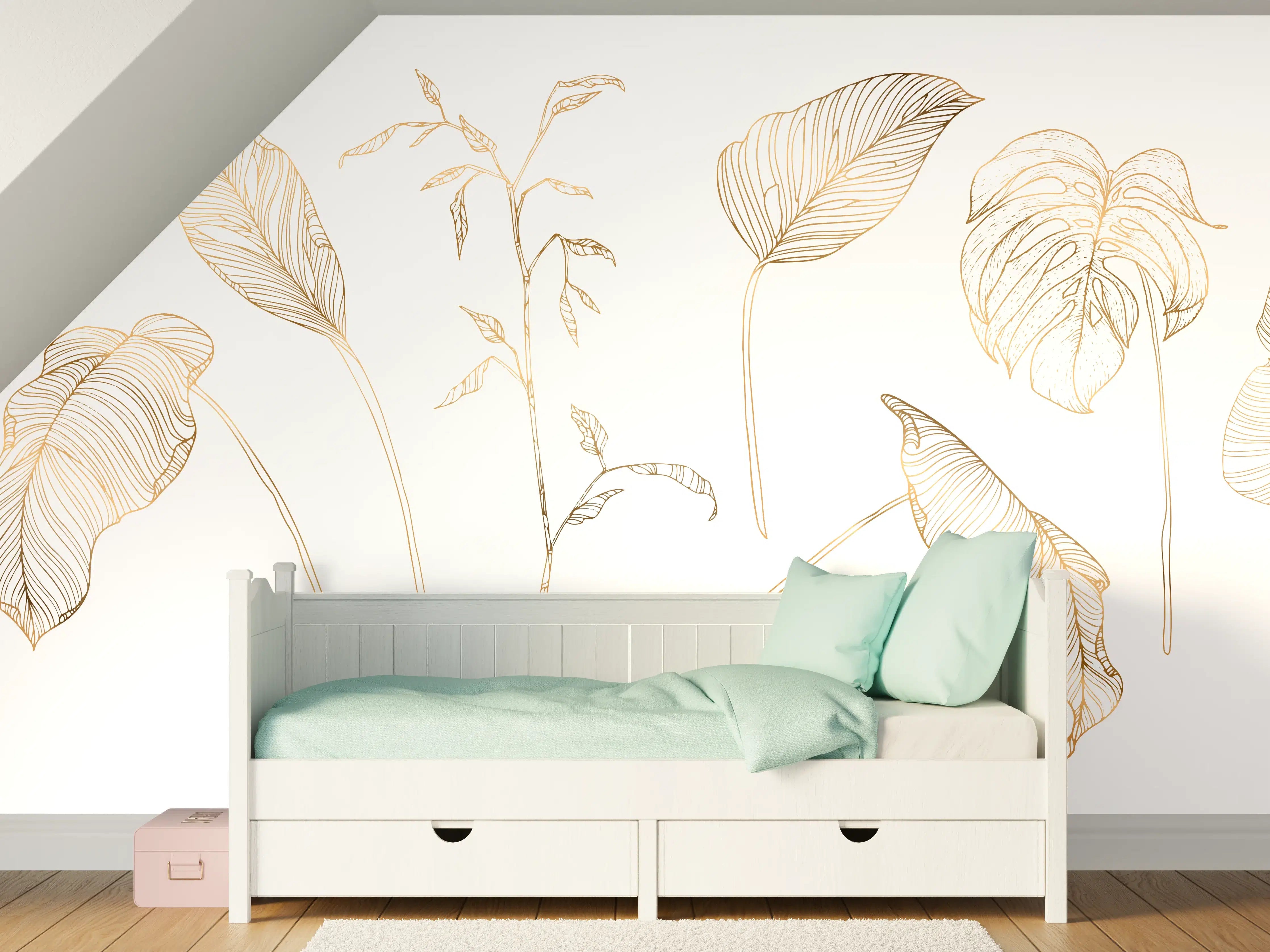 Kinderzimmer Wandgestaltung - Goldene Pflanzenlinien Zeichnung