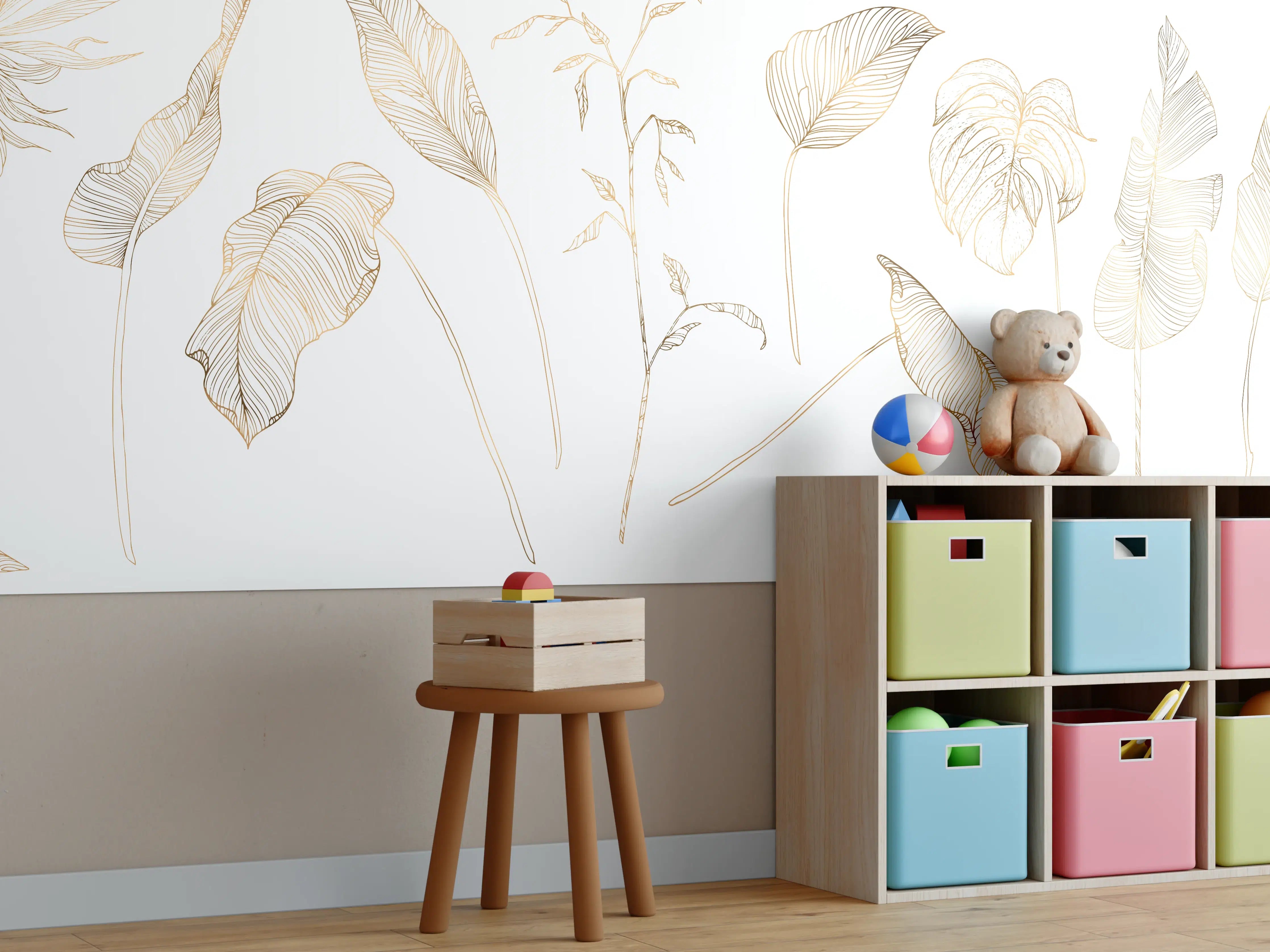 Kinderzimmer Wandgestaltung - Goldene Pflanzenlinien Zeichnung