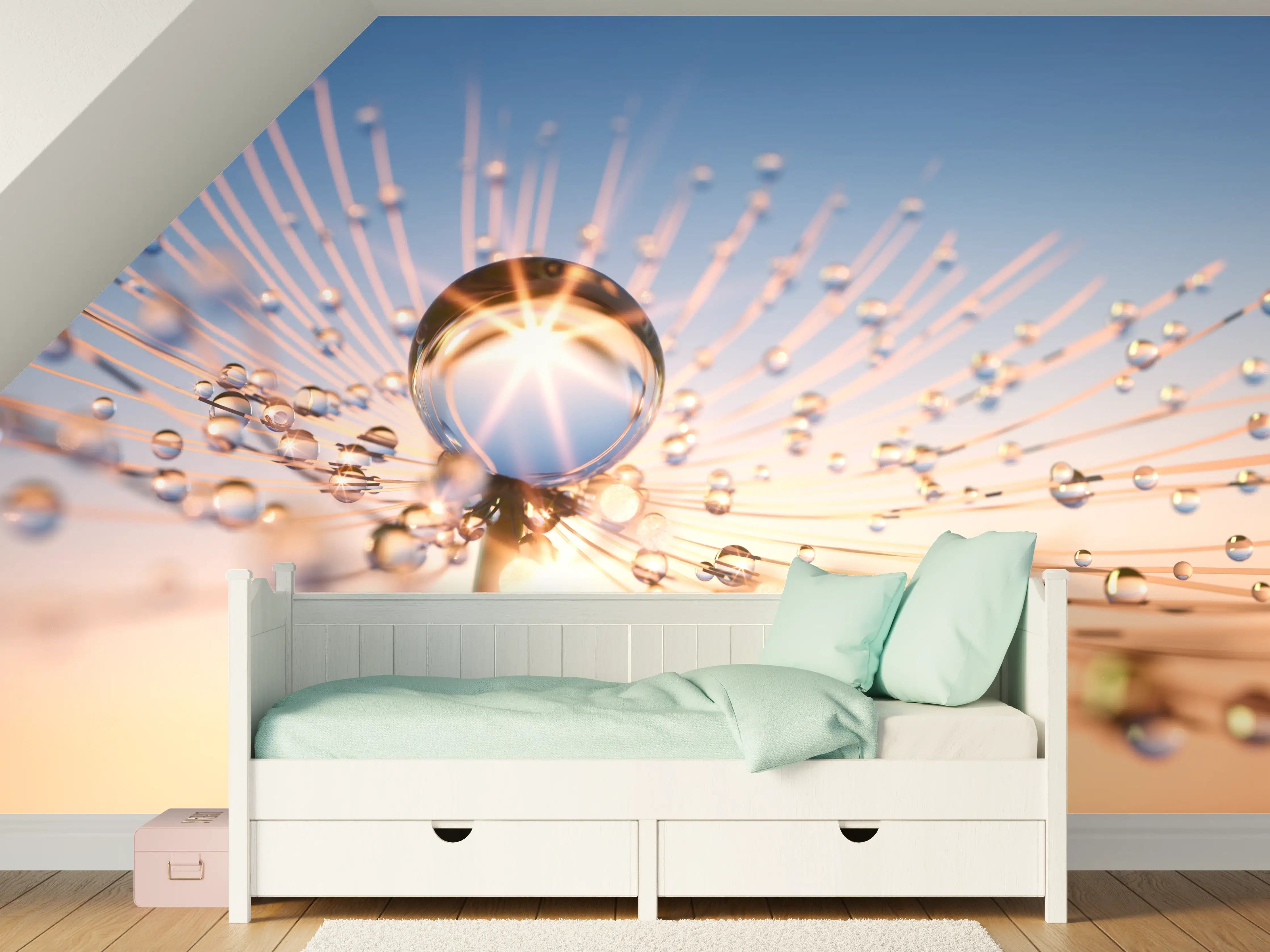 Kinderzimmer Wandgestaltung - Goldene Sonnenstrahlen spiegeln sich in Wasserkugeln