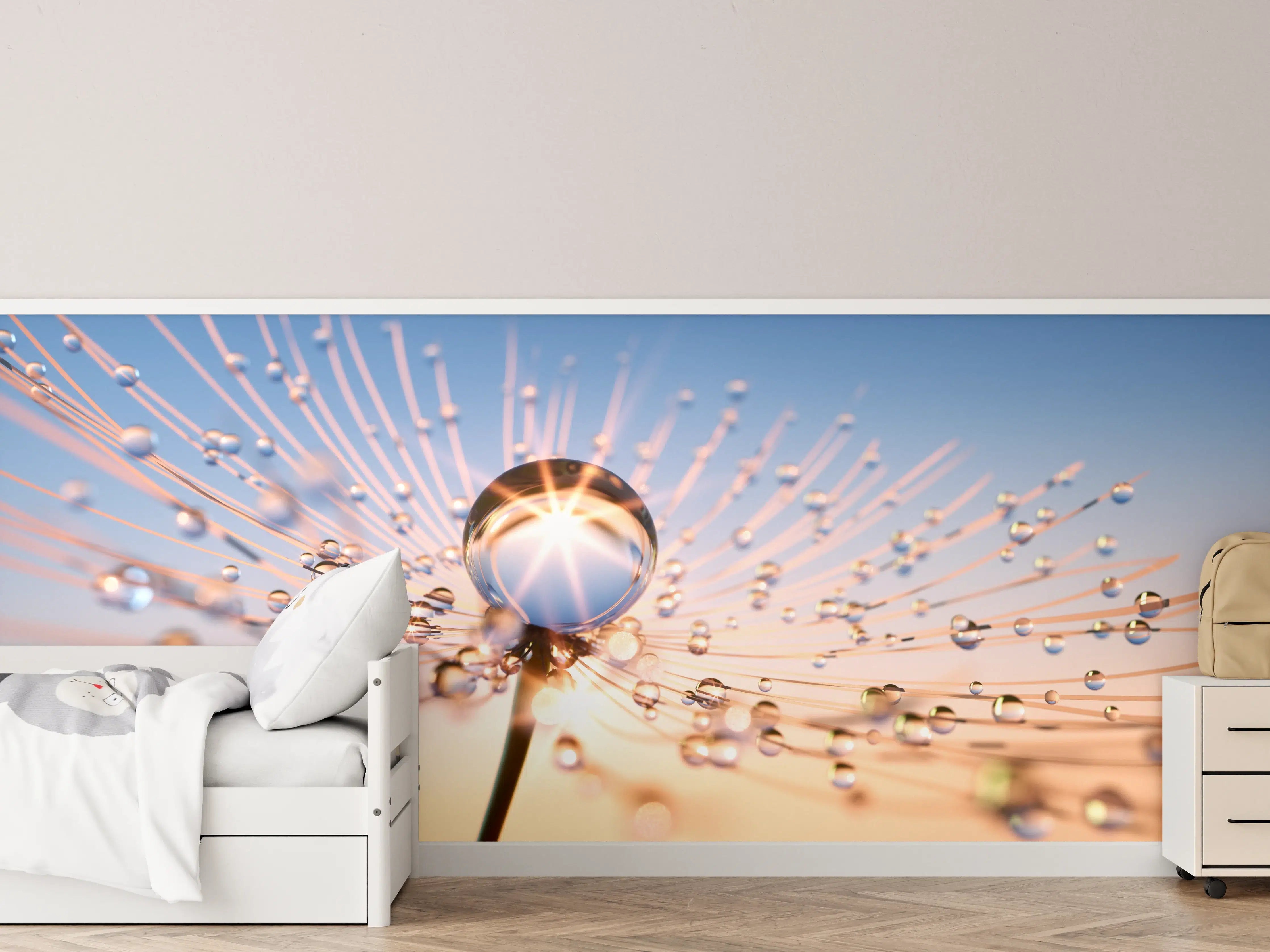 Kinderzimmer Wandgestaltung - Goldene Sonnenstrahlen spiegeln sich in Wasserkugeln