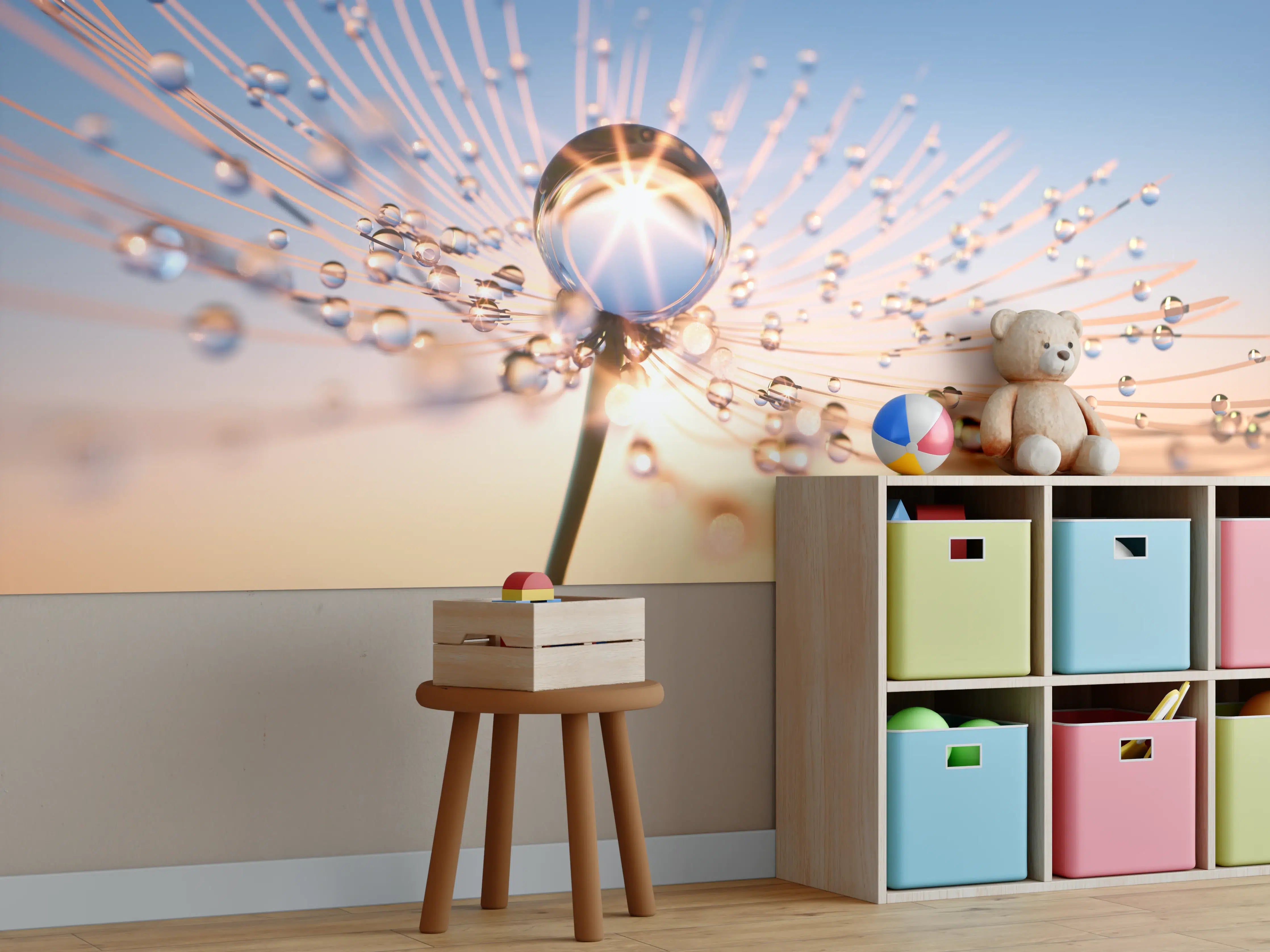 Kinderzimmer Wandgestaltung - Goldene Sonnenstrahlen spiegeln sich in Wasserkugeln