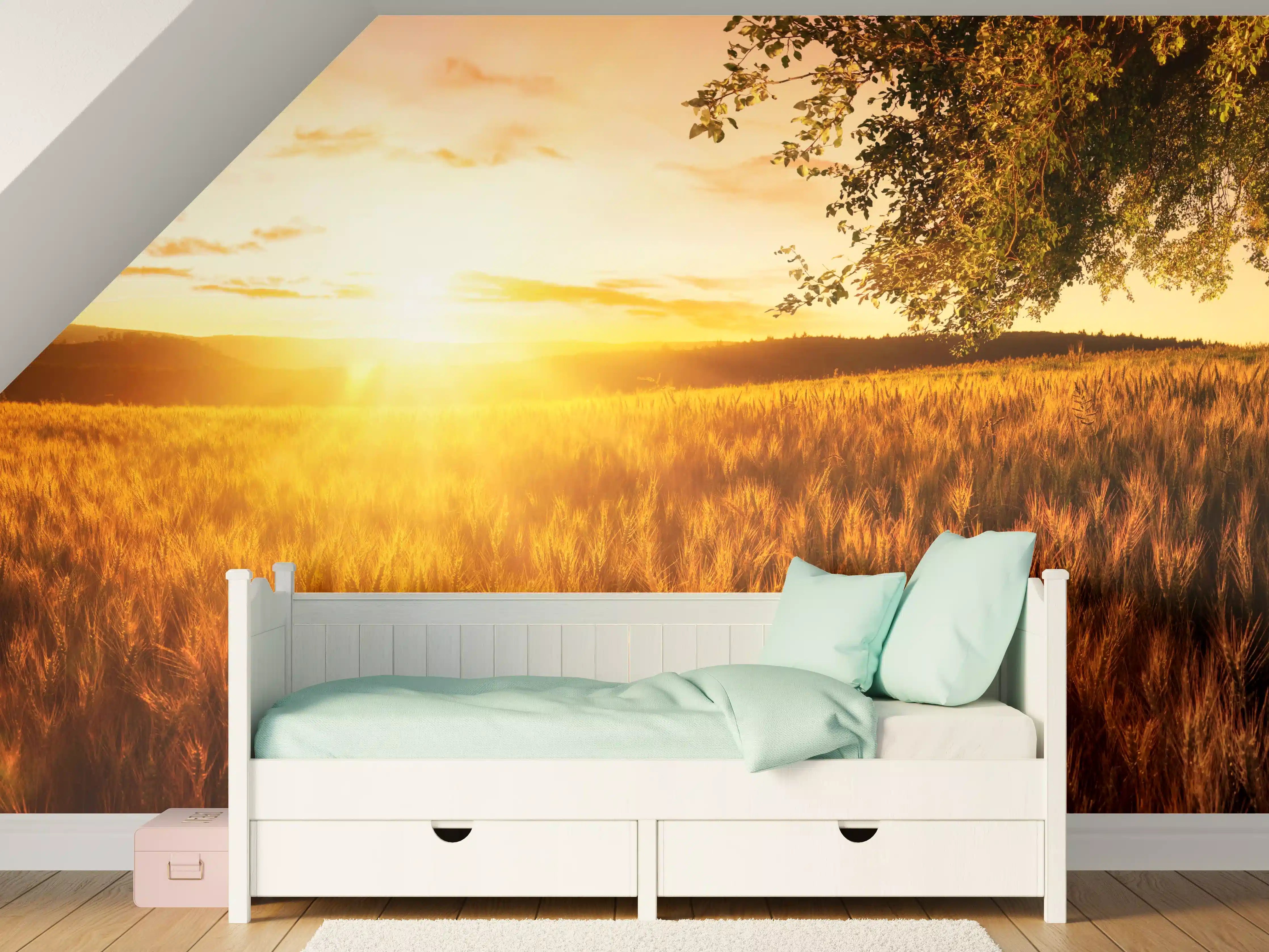 Kinderzimmer Wandgestaltung - Goldene Sonnenuntergangs-Landschaft