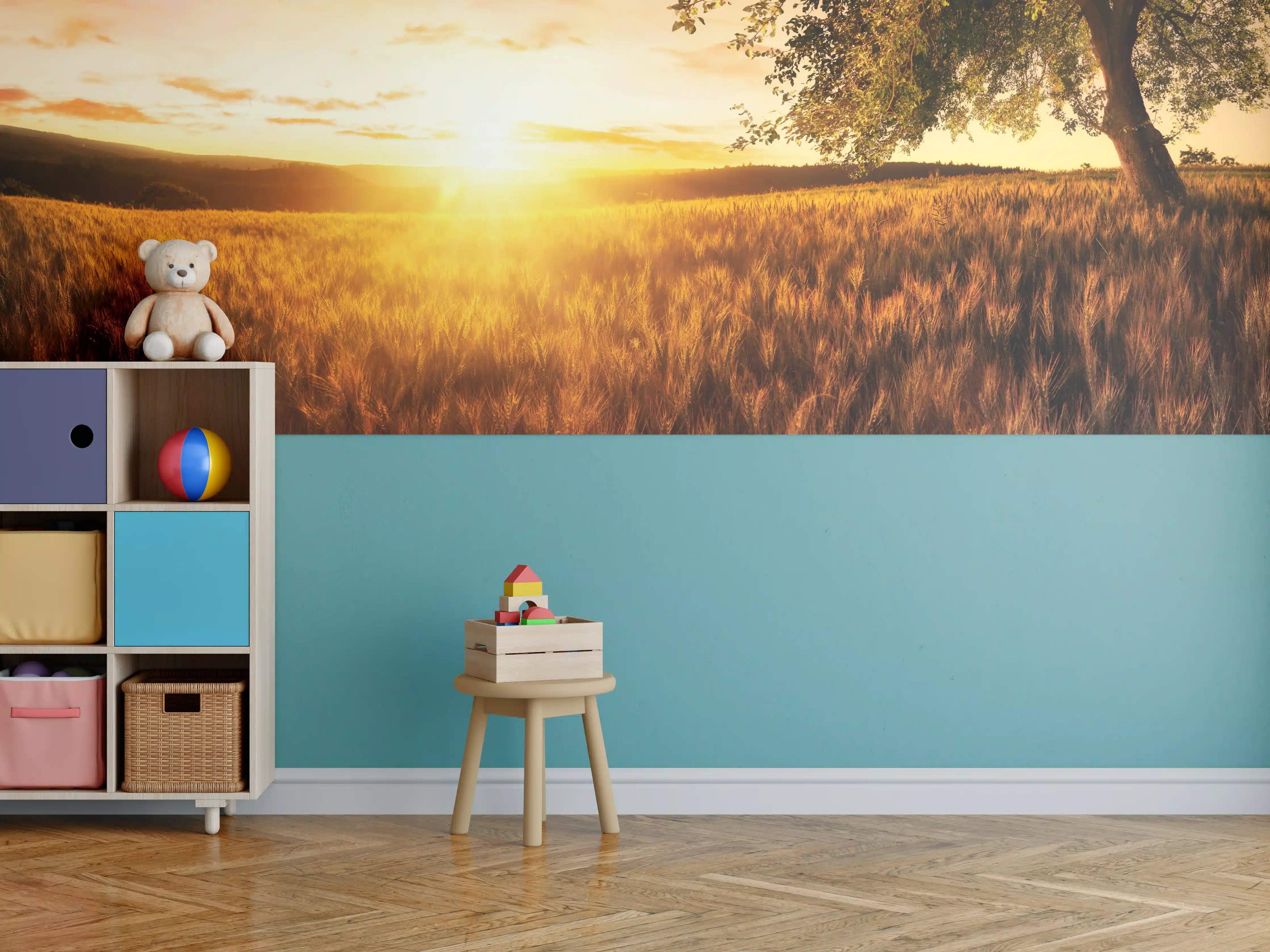 Kinderzimmer Wandgestaltung - Goldene Sonnenuntergangs-Landschaft