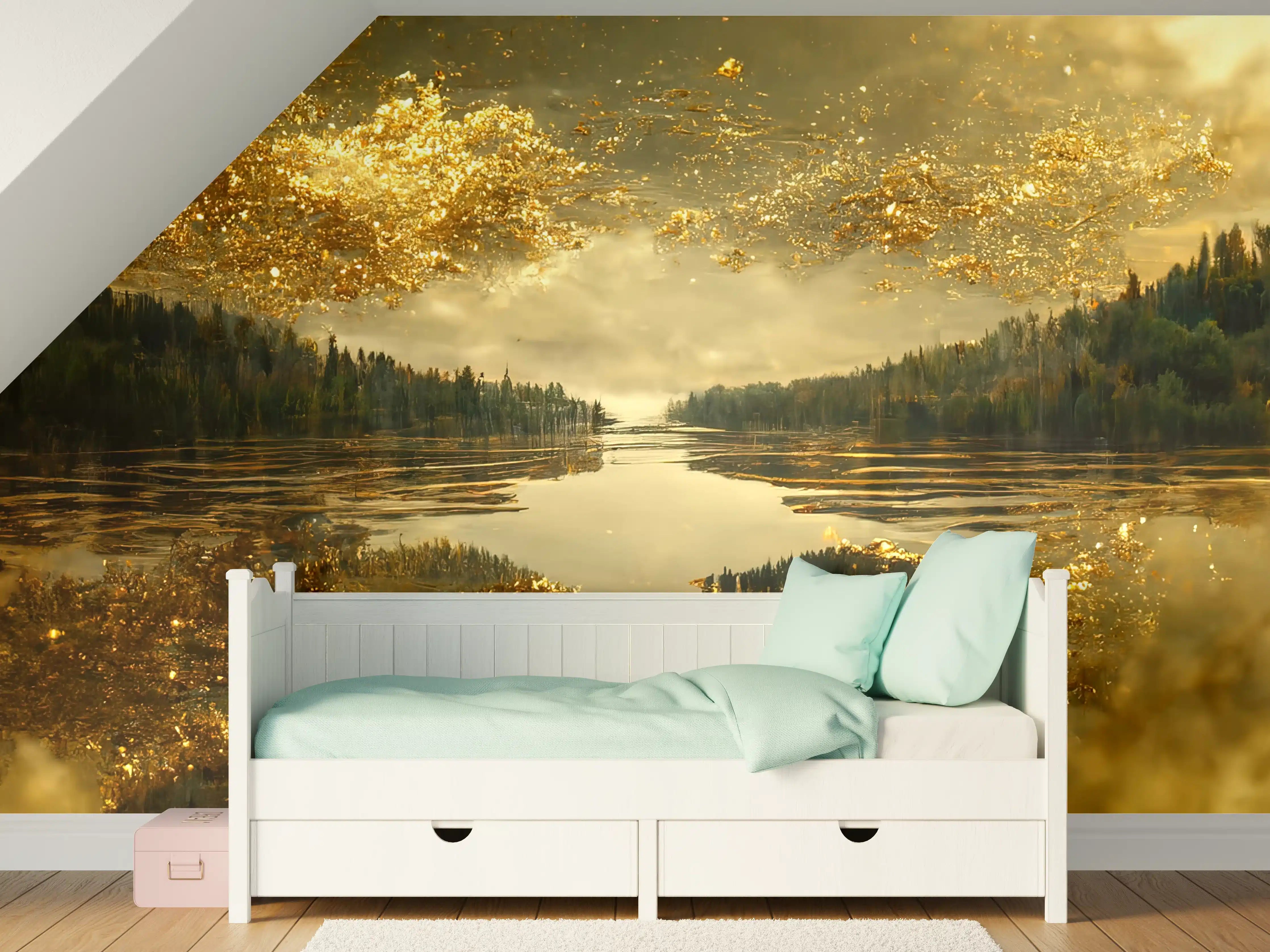 Kinderzimmer Wandgestaltung - Goldene Spiegelung auf ruhigem Fluss bei Nebel