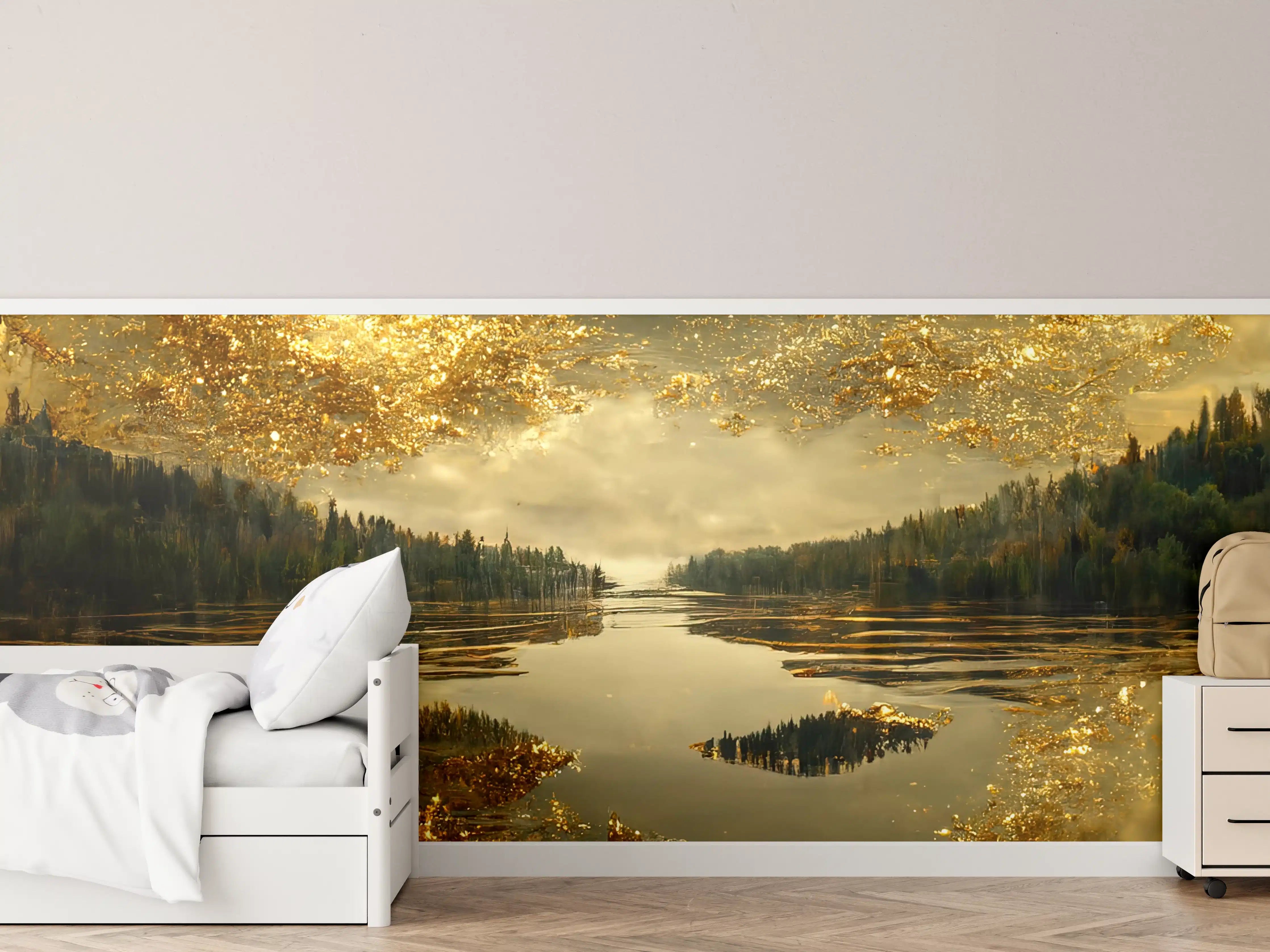Kinderzimmer Wandgestaltung - Goldene Spiegelung auf ruhigem Fluss bei Nebel