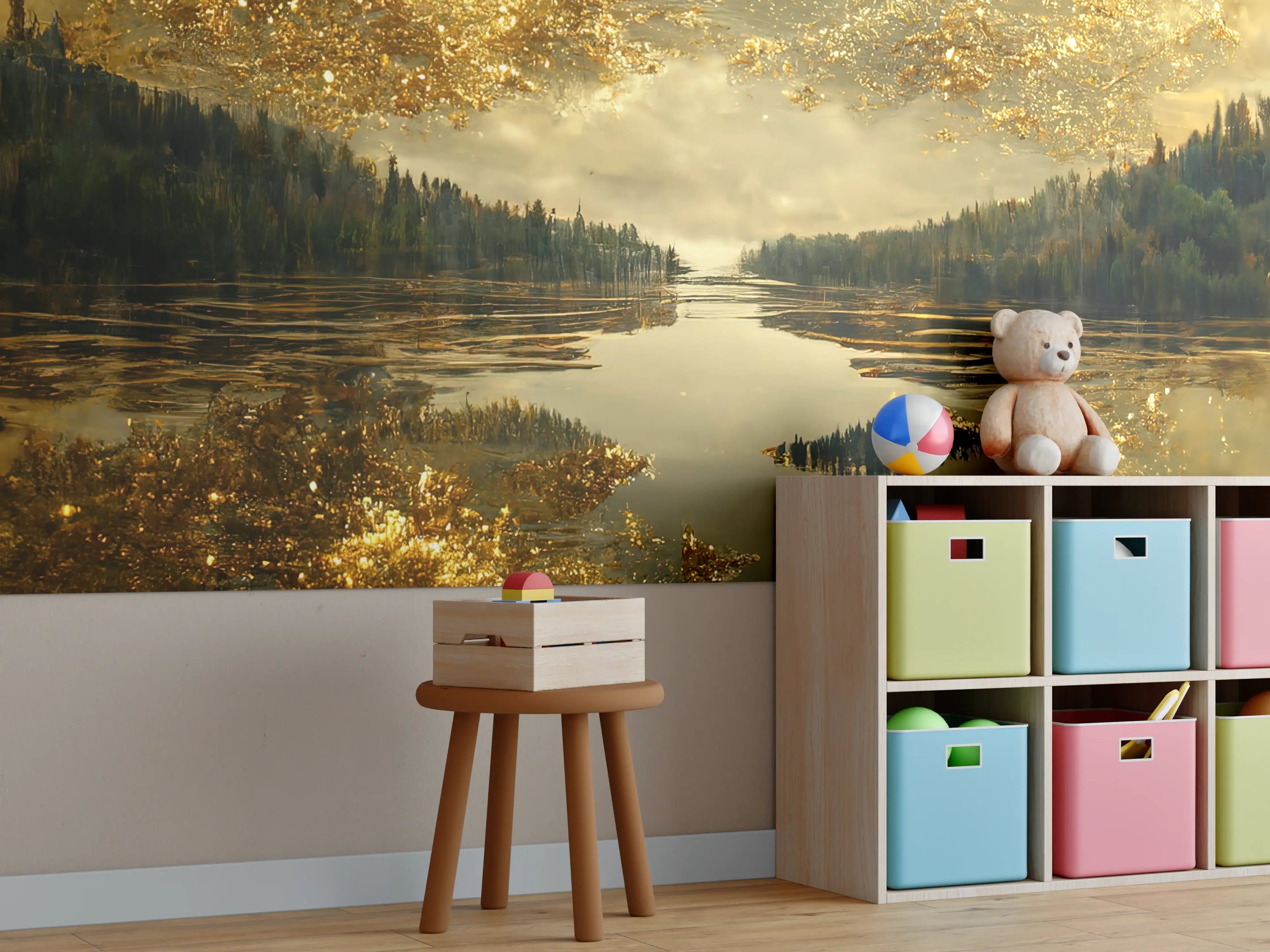 Kinderzimmer Wandgestaltung - Goldene Spiegelung auf ruhigem Fluss bei Nebel