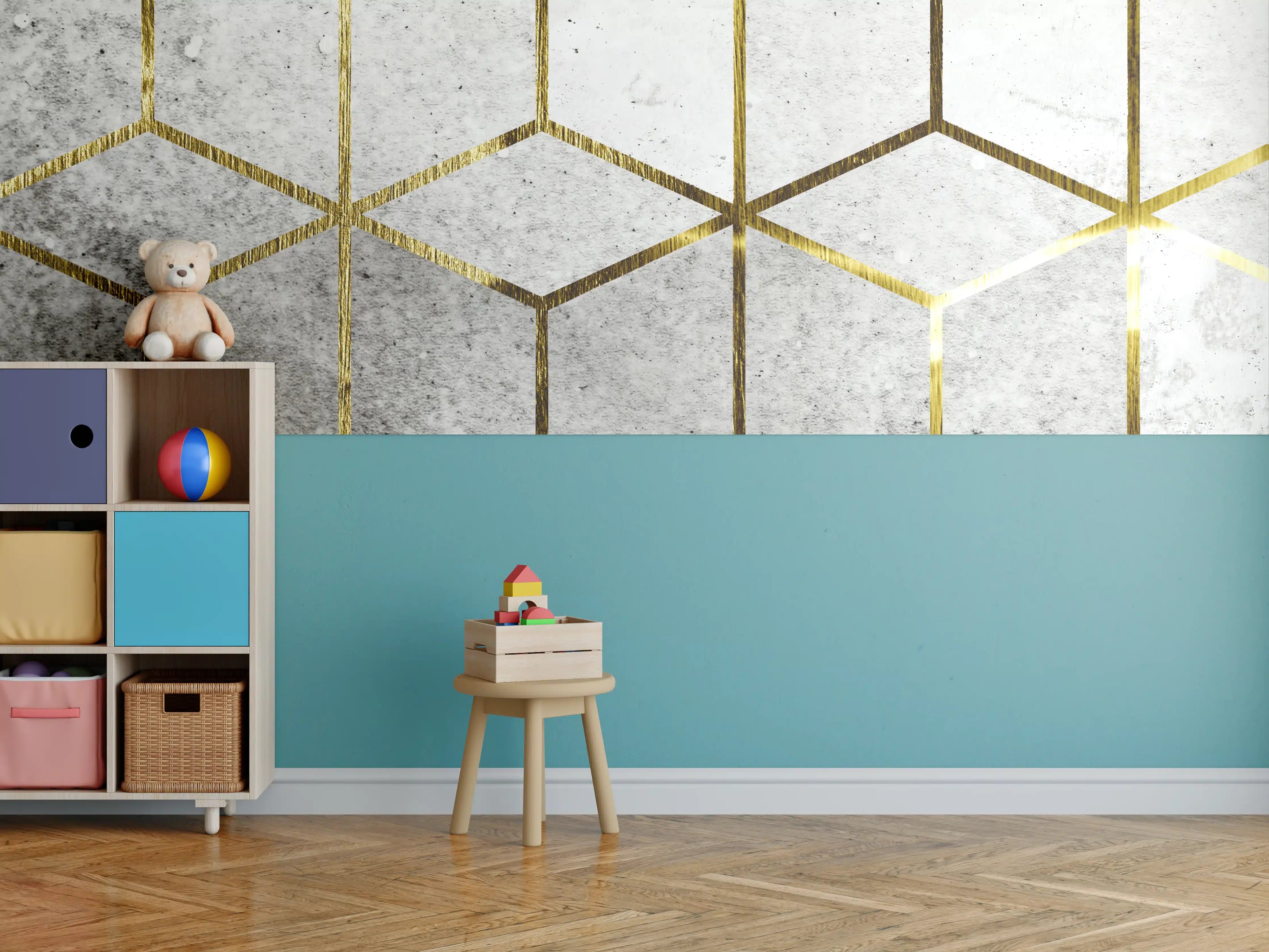 Kinderzimmer Wandgestaltung - Goldene Wabenmuster auf grauer Betonoptik