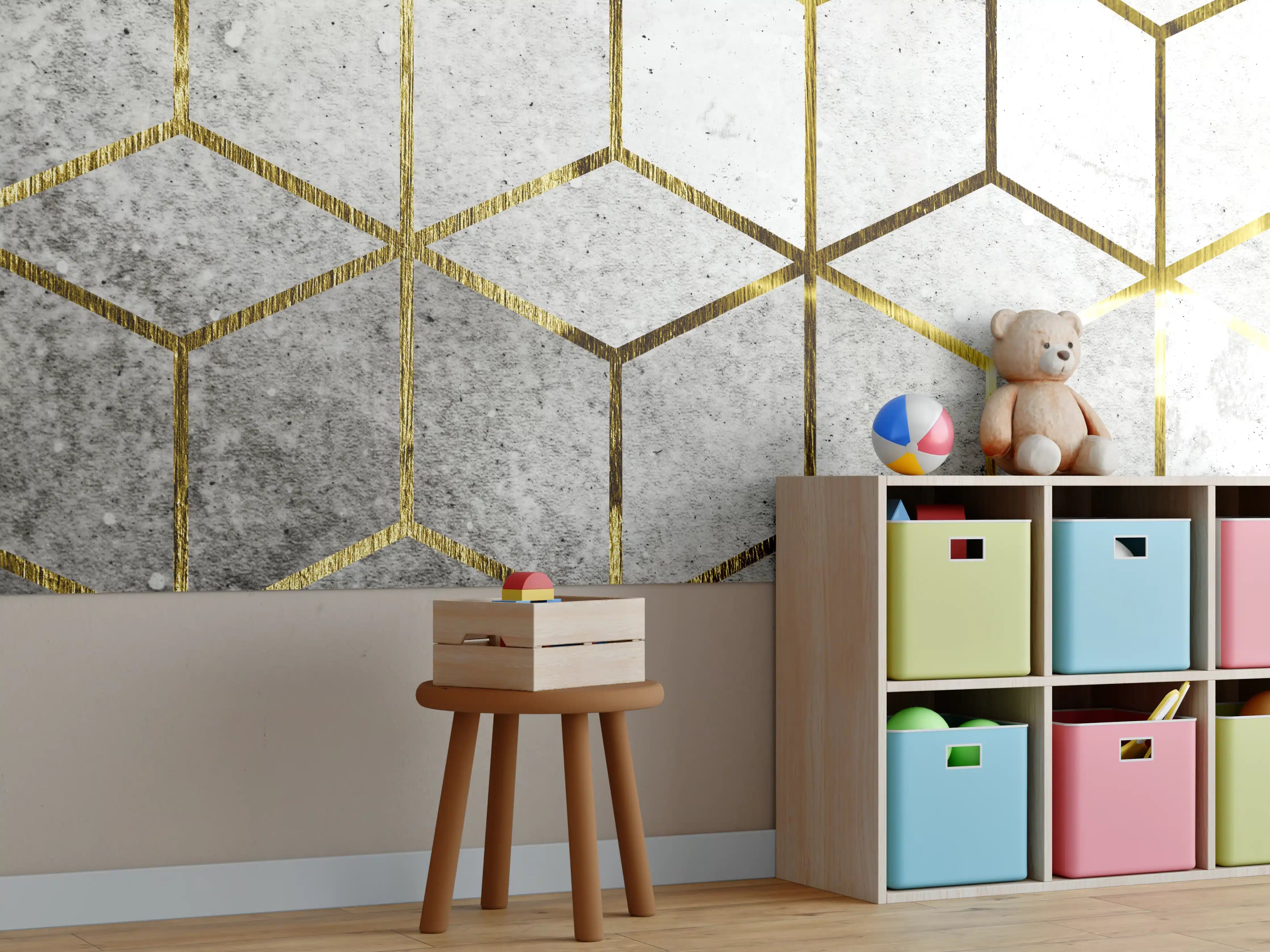 Kinderzimmer Wandgestaltung - Goldene Wabenmuster auf grauer Betonoptik