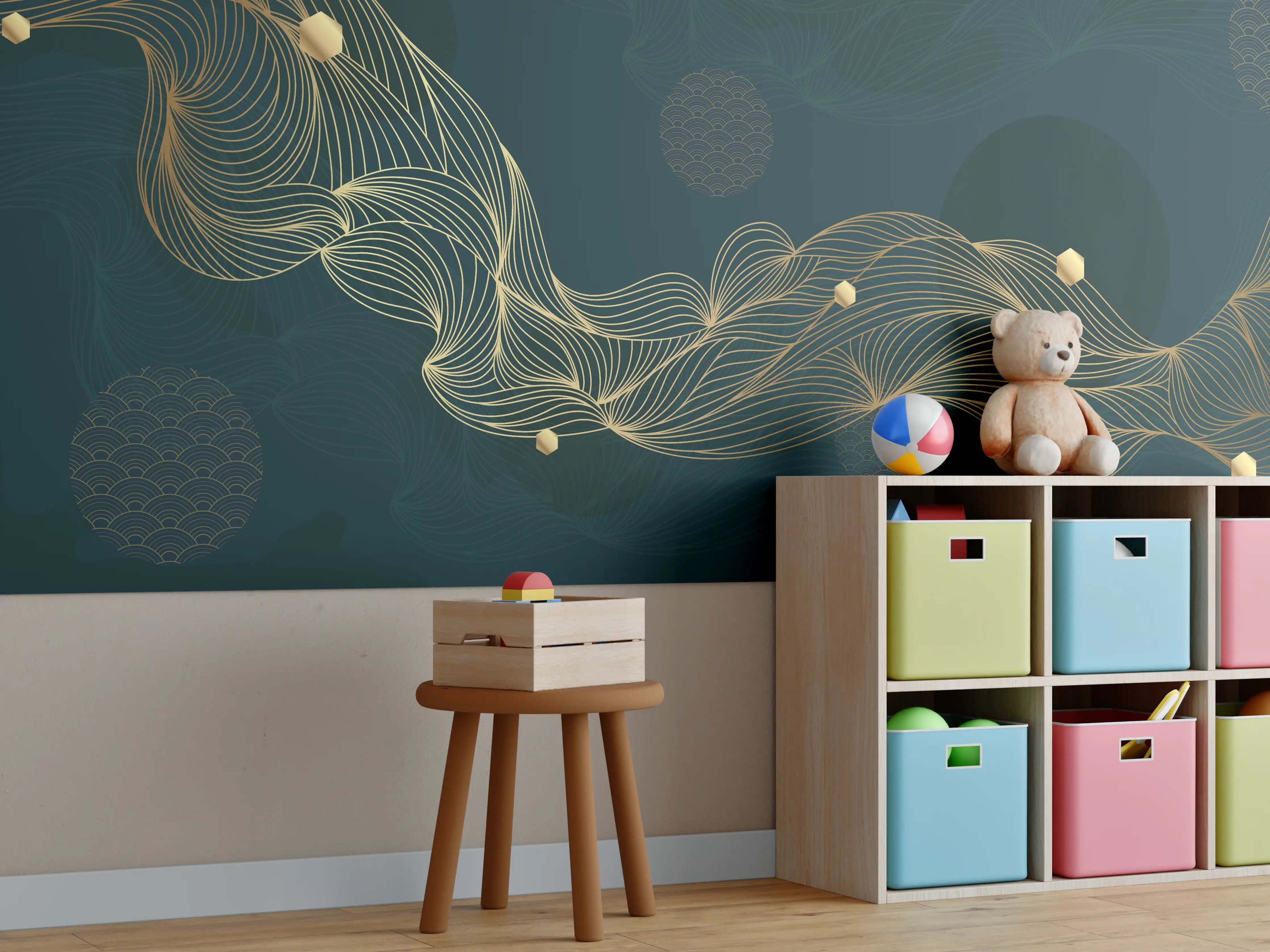 Kinderzimmer Wandgestaltung - Goldene Wellenlinien auf Dunkelblau