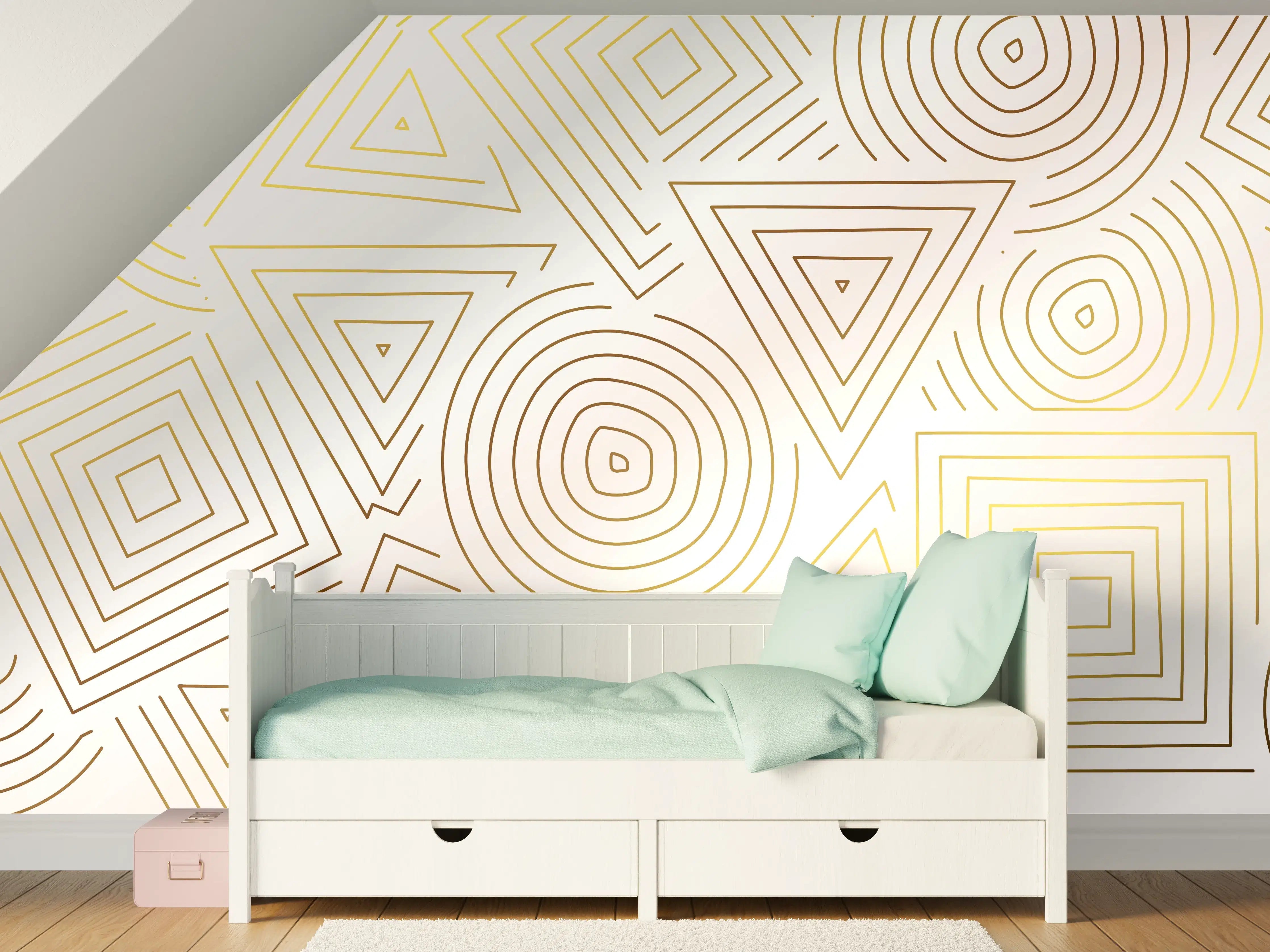 Kinderzimmer Wandgestaltung - Goldene geometrische Muster auf weißem Hintergrund