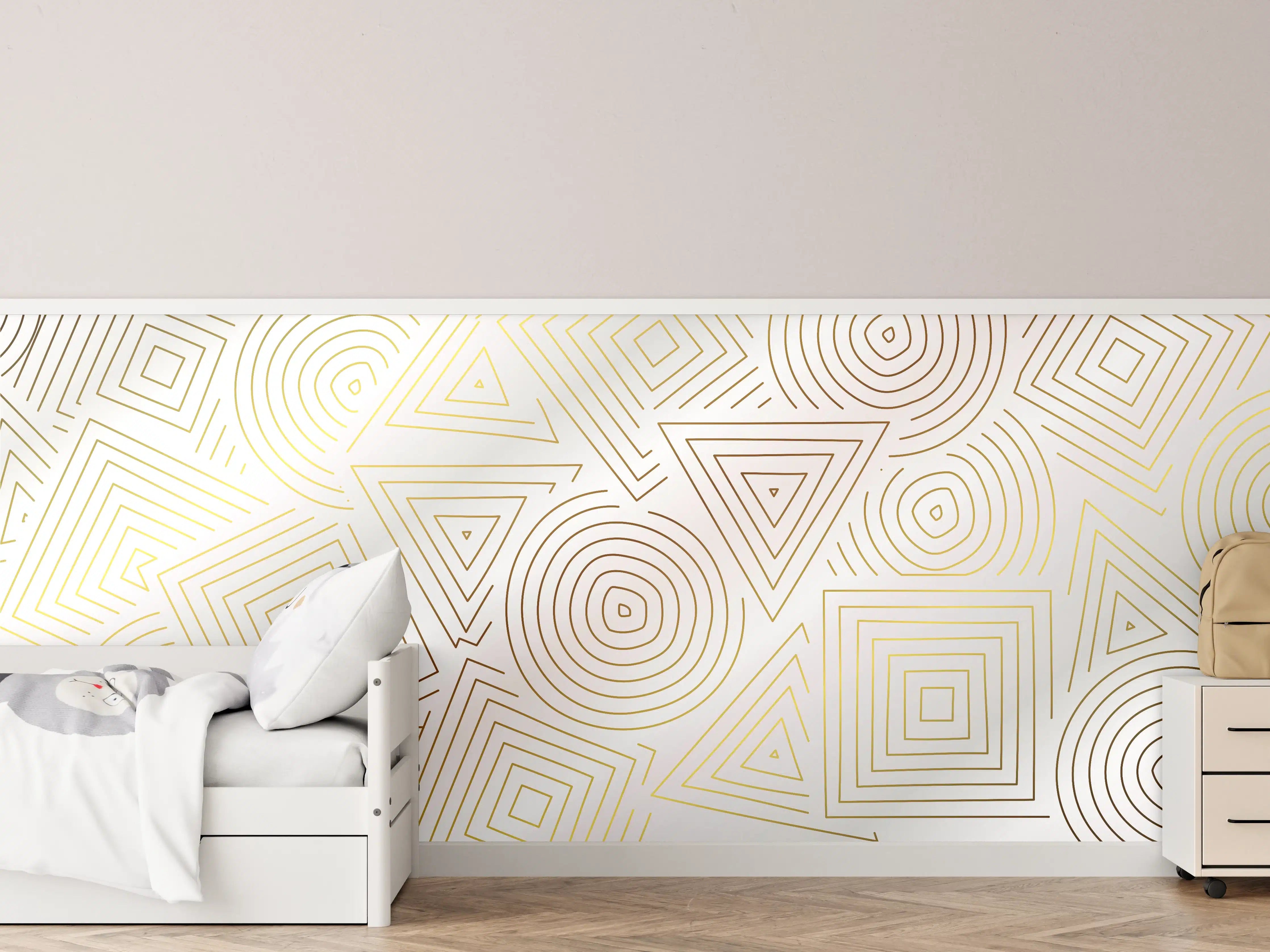 Kinderzimmer Wandgestaltung - Goldene geometrische Muster auf weißem Hintergrund