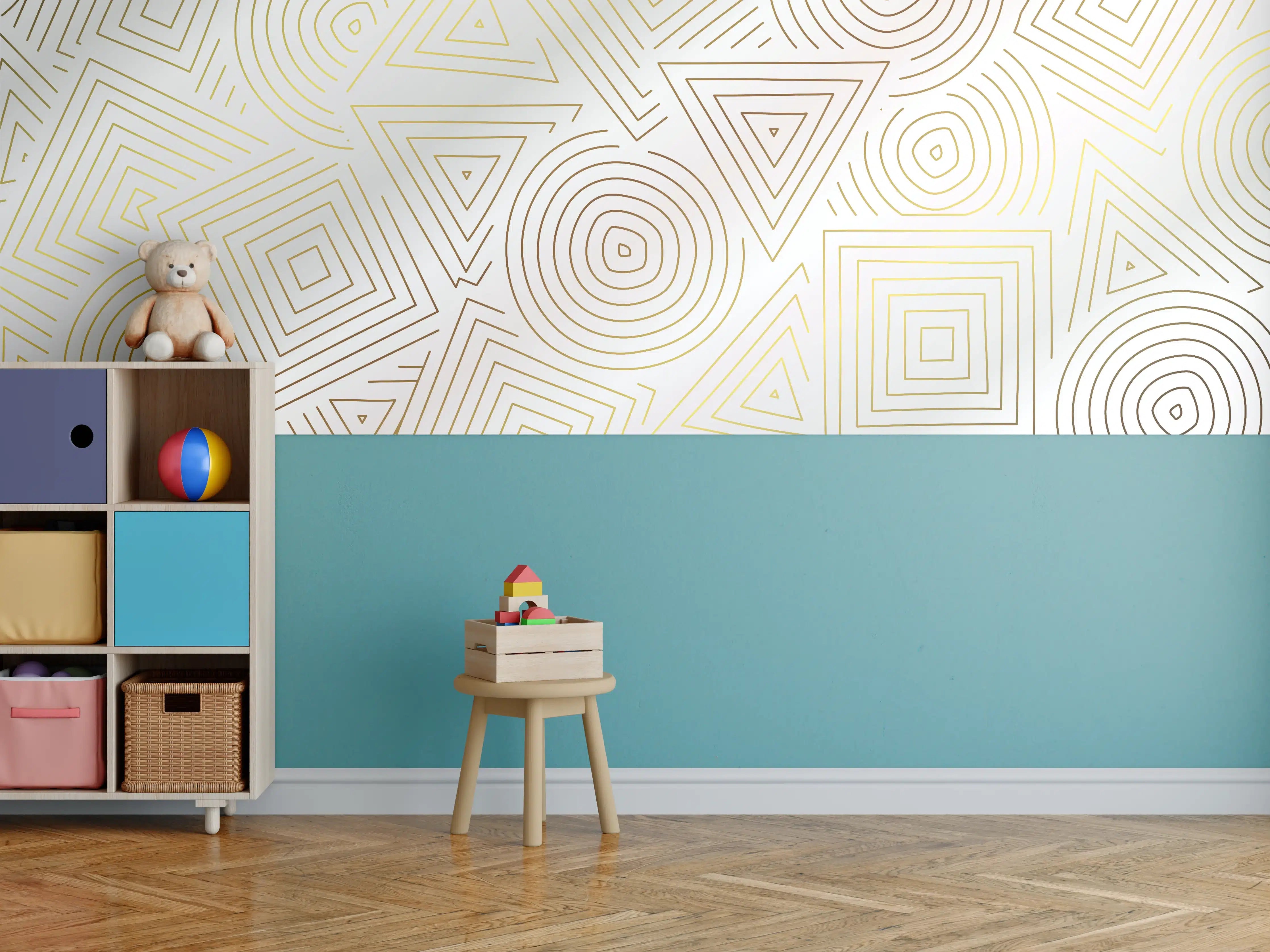 Kinderzimmer Wandgestaltung - Goldene geometrische Muster auf weißem Hintergrund