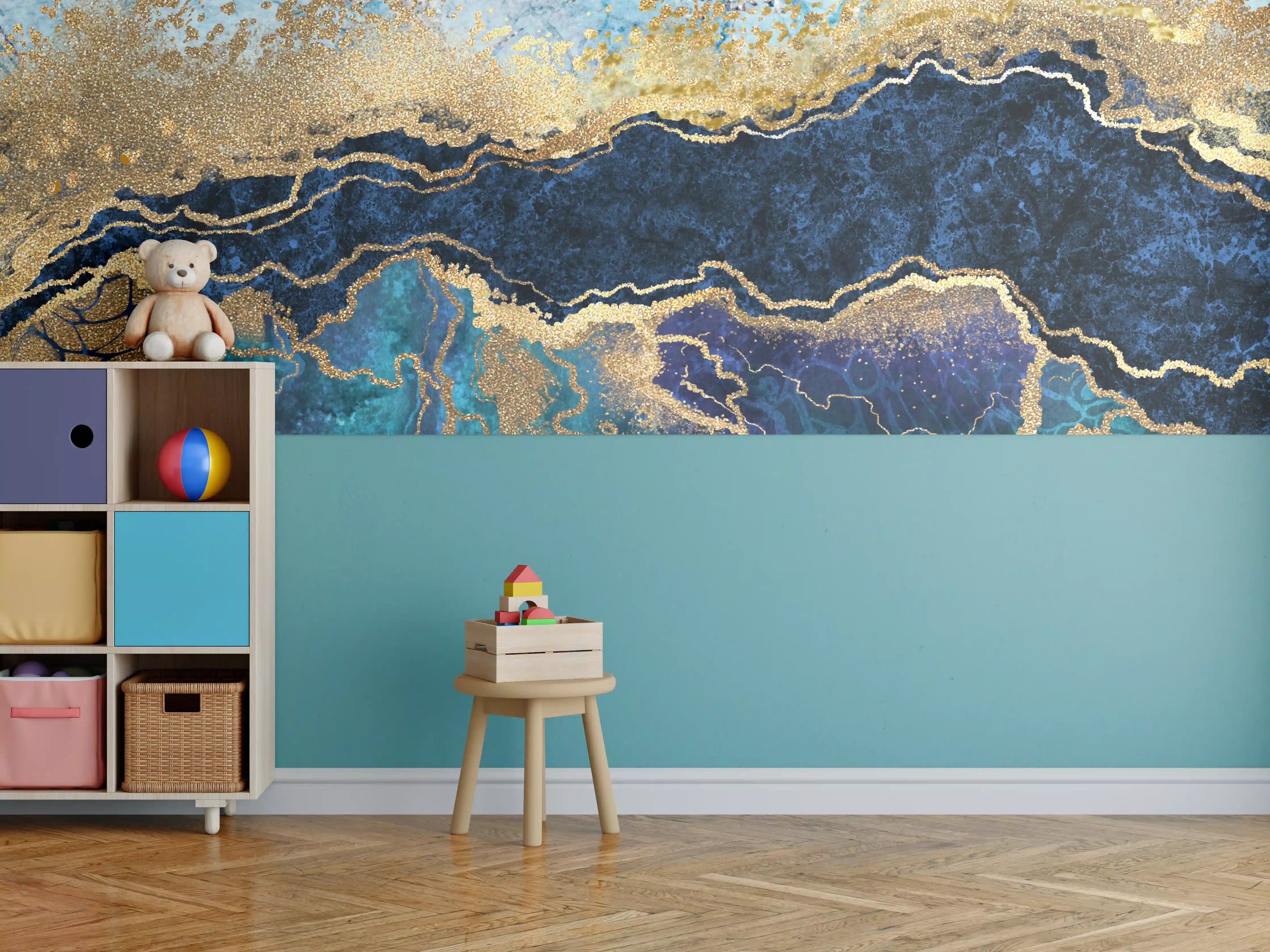 Kinderzimmer Wandgestaltung - Goldene und blaue Marmor-Textur