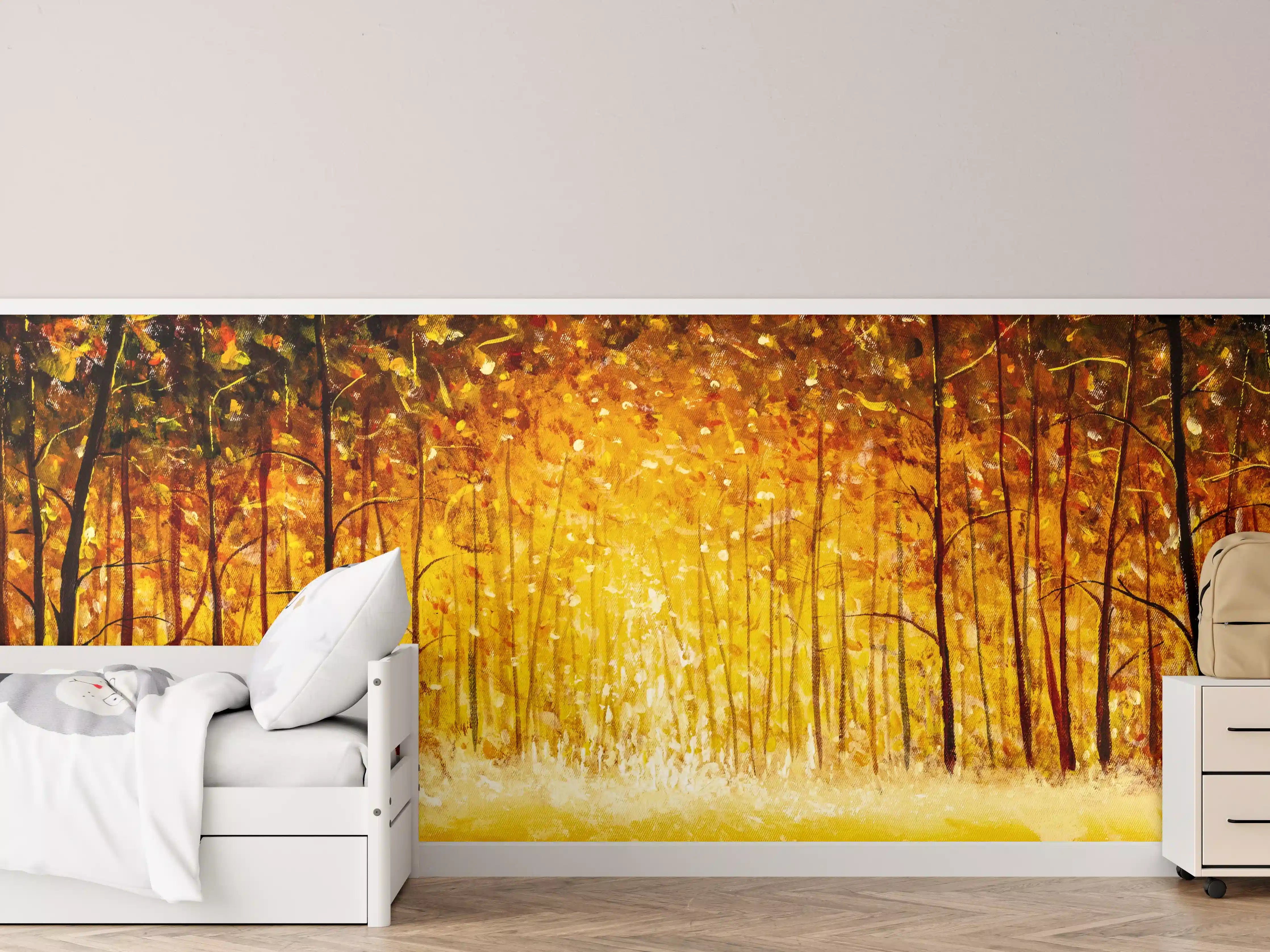 Kinderzimmer Wandgestaltung - Goldener Herbstwald bei Sonnenuntergang