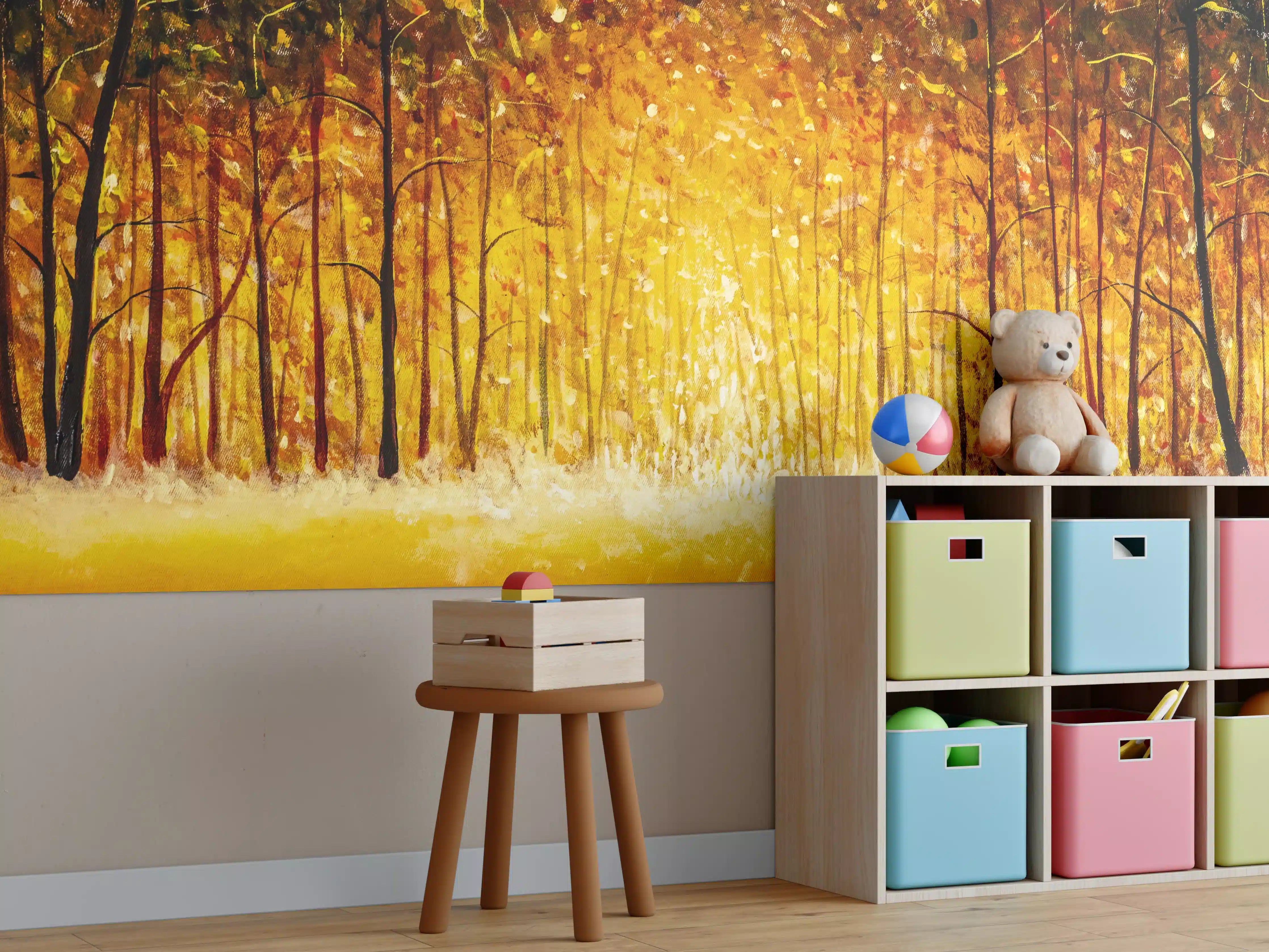 Kinderzimmer Wandgestaltung - Goldener Herbstwald bei Sonnenuntergang